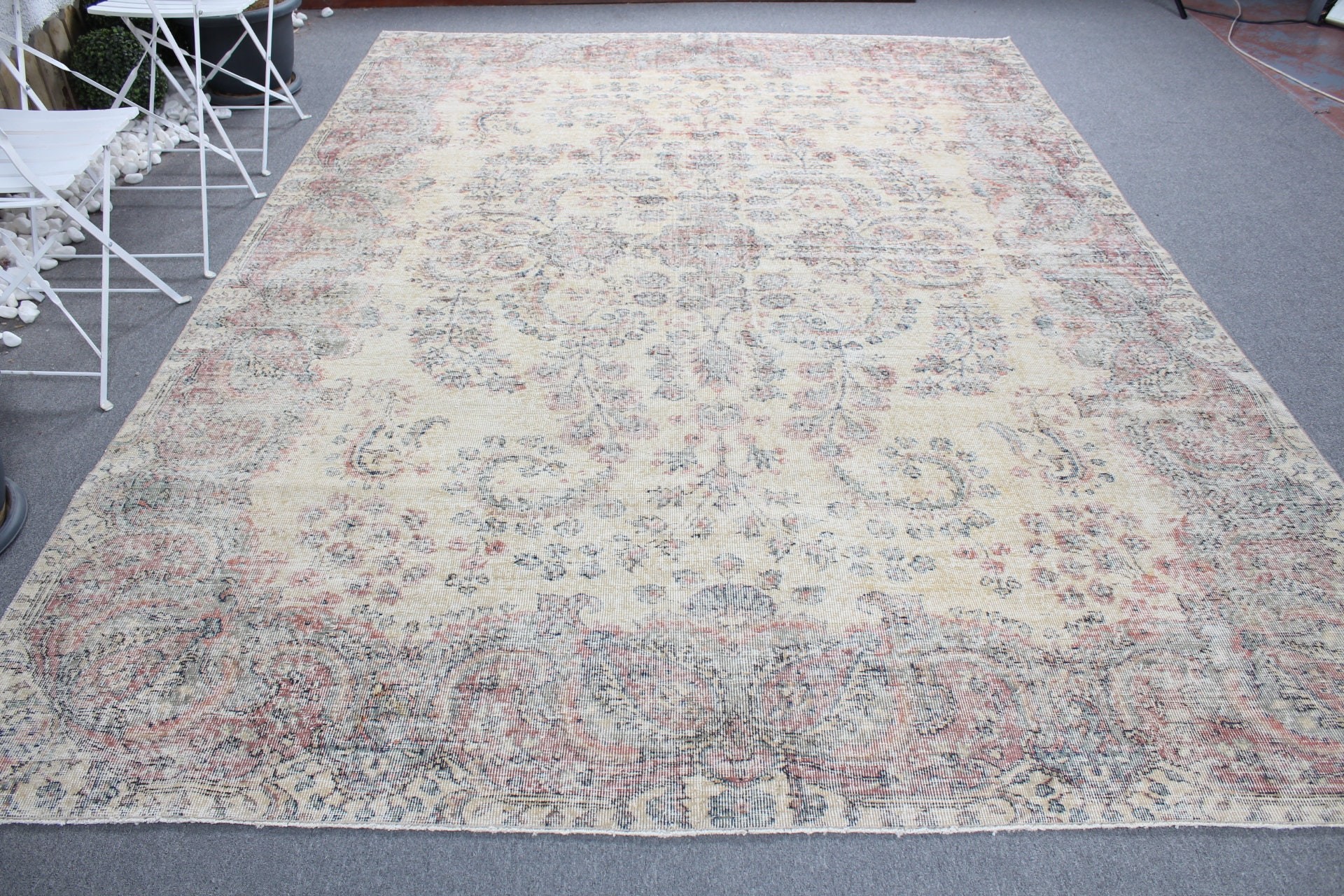 Vintage Halı, Oturma Odası Halıları, Ev Dekorasyonu Halıları, Türk Halısı, Salon Halısı, 7.9x10.7 ft Büyük Boy Halı, Bej Antika Halı, Eski Halı