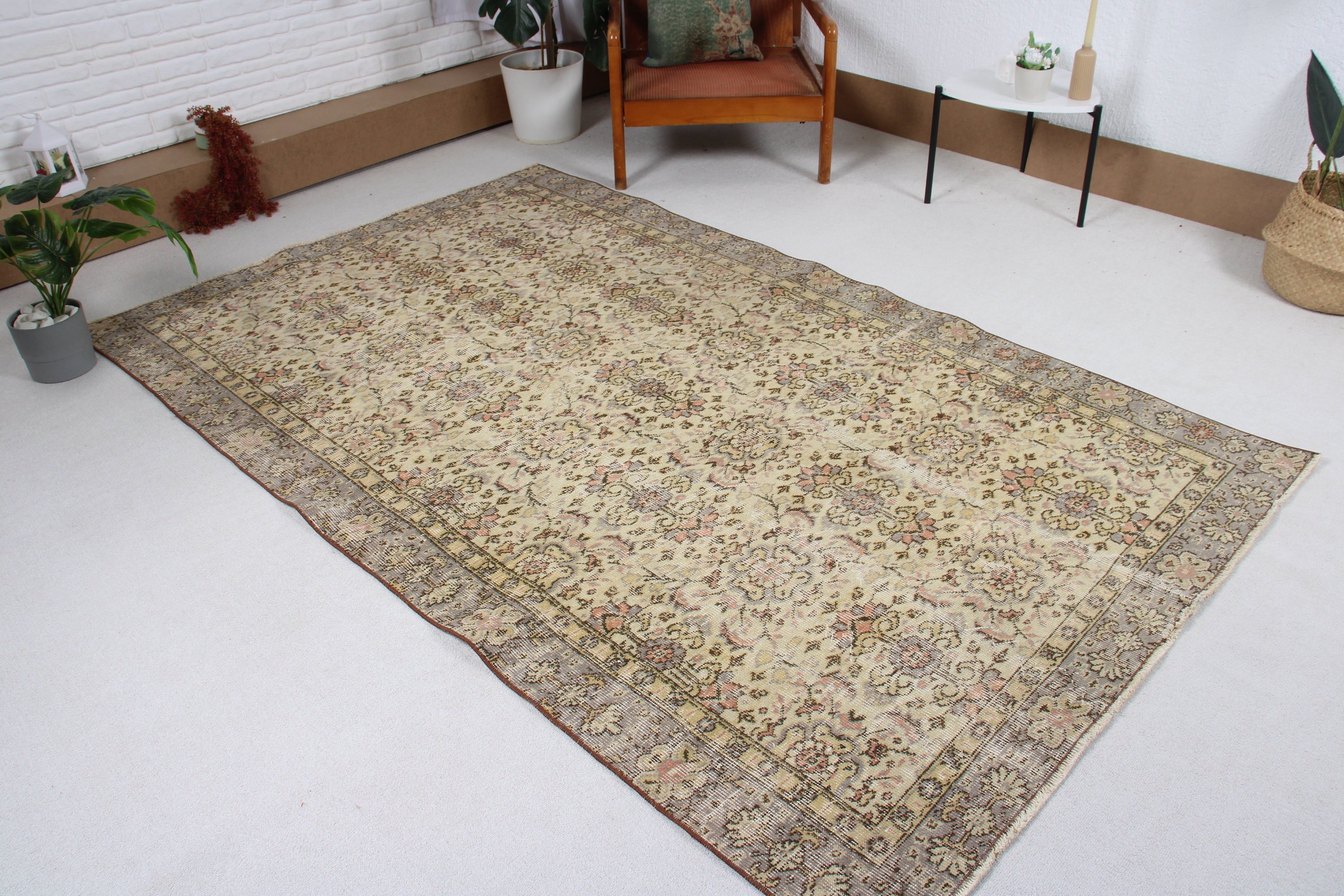 Vintage Rug, Beige Kitchen Rug, Modern Rugs, Rugs for Kitchen, Floor Rug, Dining Room Rug, Turkish Rugs, Oushak Rugs, 4.9x8 ft Area Rug