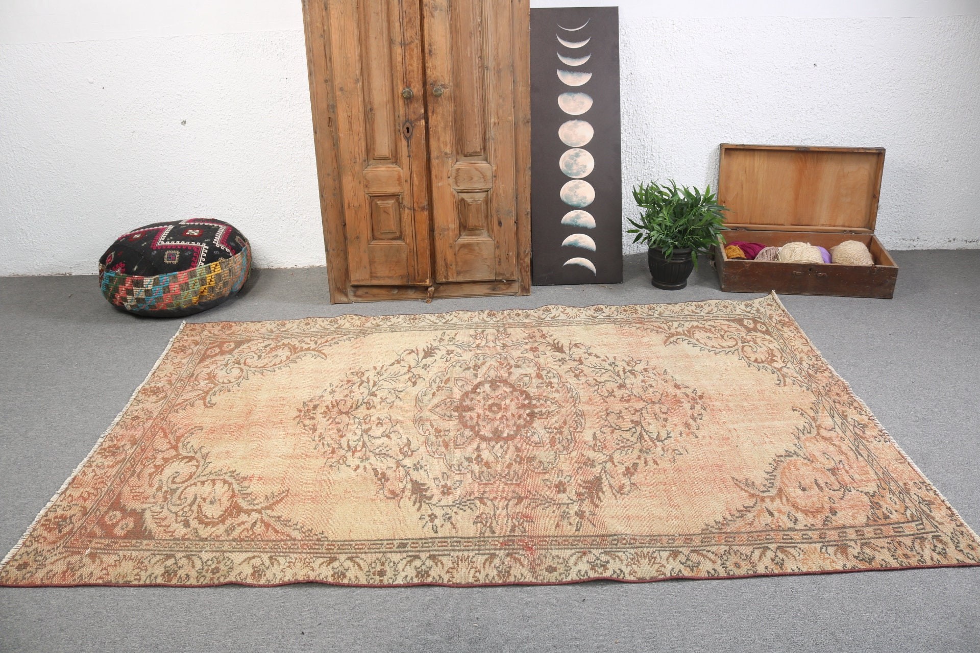 5.1x8.1 ft Büyük Halılar, El Dokuma Halı, Egzotik Halı, Vintage Halı, Yeşil Oushak Halı, Yemek Odası Halıları, Yatak Odası Halısı, Türk Halıları, Lüks Halı