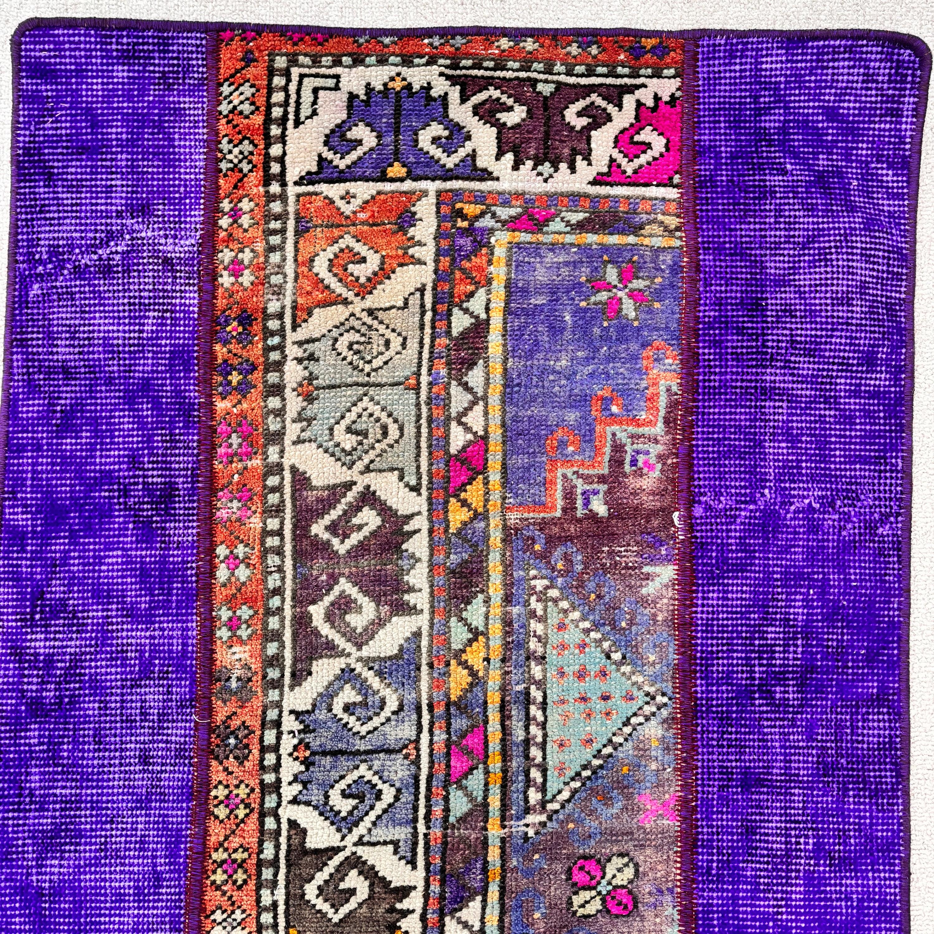 Vintage Halılar, 1.9x3.7 ft Küçük Halılar, Türk Halıları, Araba Paspas Halıları, Mor Yün Halı, Modern Halılar, Geometrik Halı, Banyo Halısı