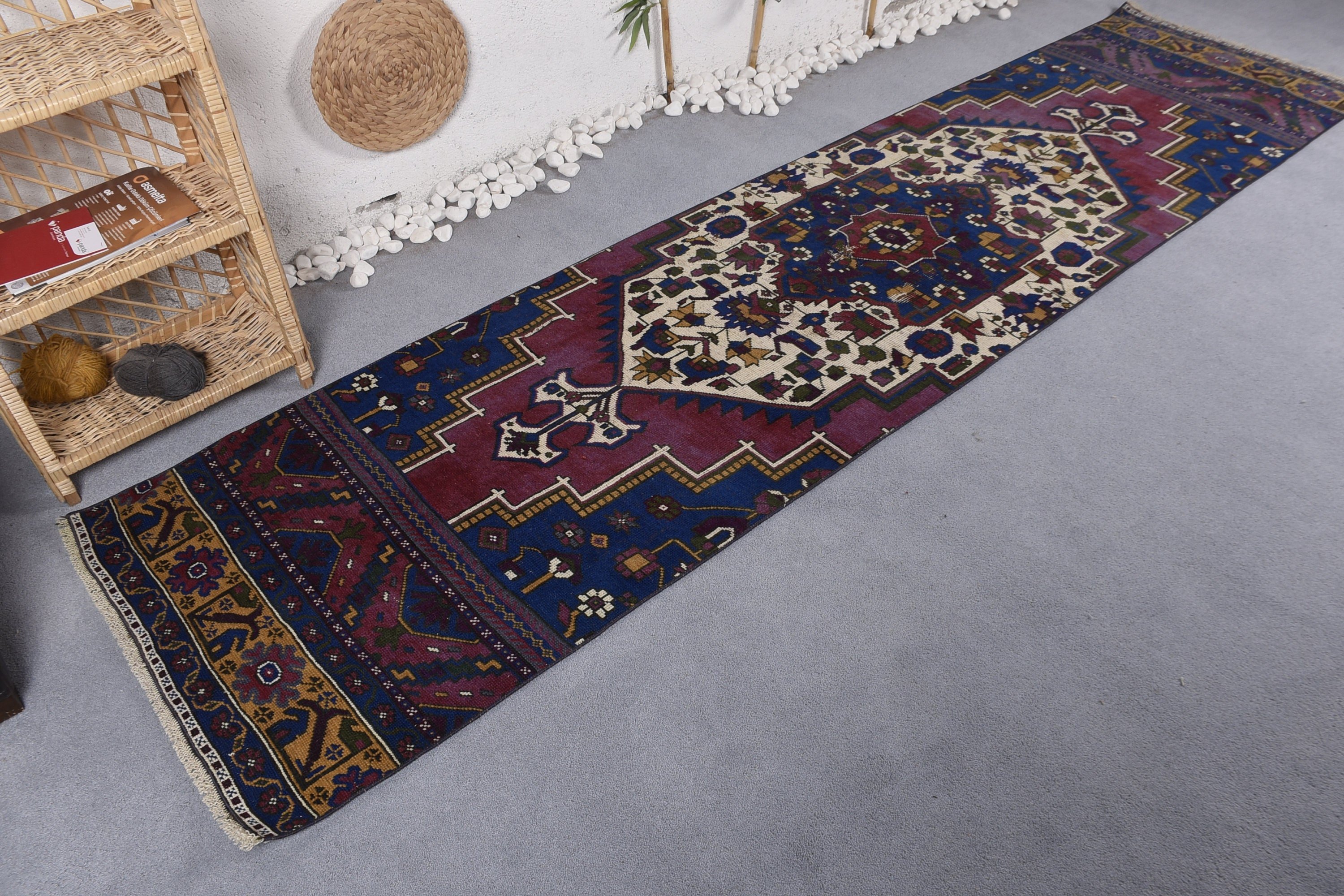 Koridor Halıları, Koridor Halısı, Boho Halısı, 2,7x11,1 ft Runner Halıları, Vintage Halı, Ev Dekor Halıları, Yün Halı, Mavi Antika Halılar, Türk Halıları