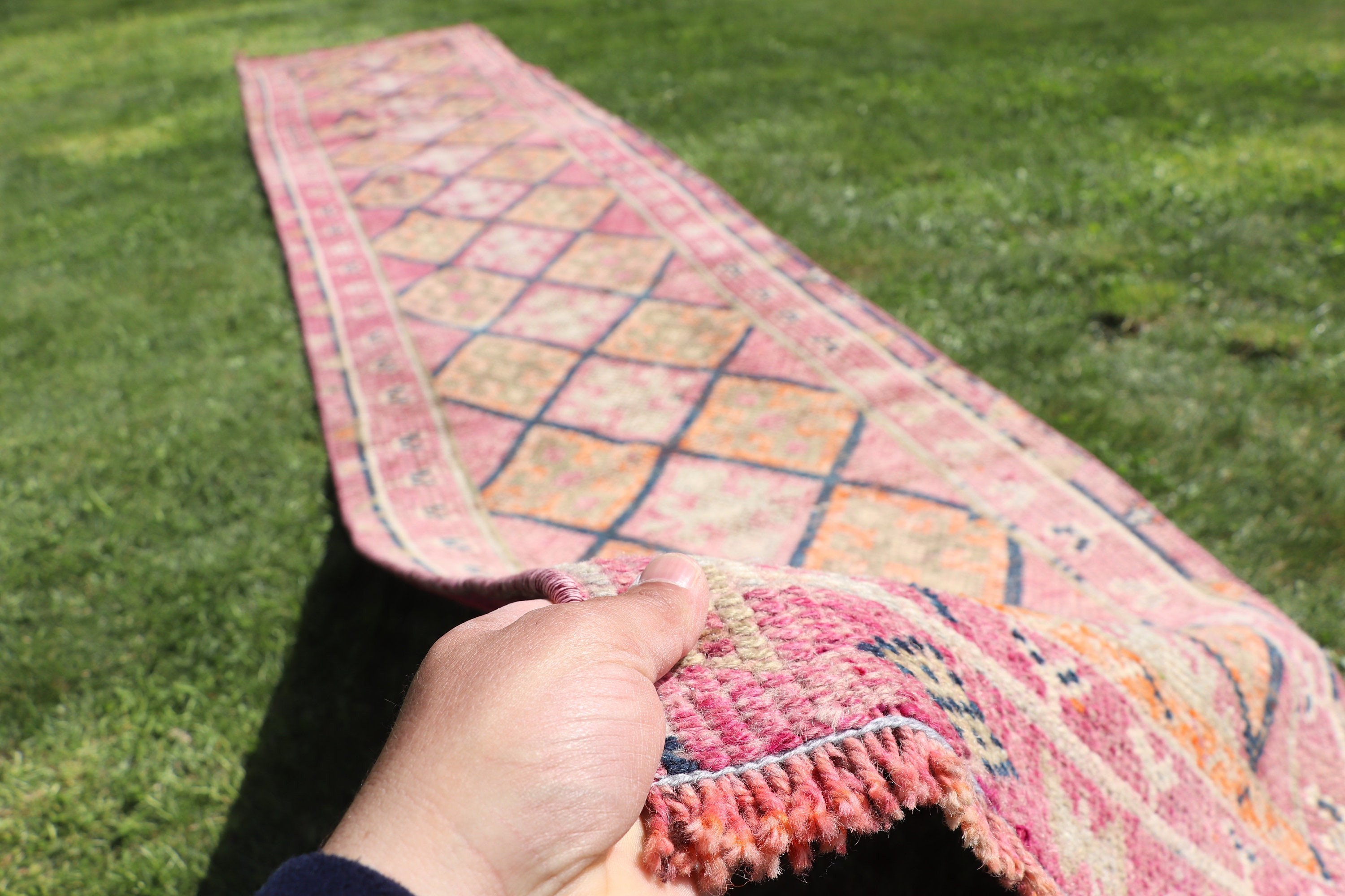 Beni Ourain Runner Halı, Türk Halısı, Vintage Halı, Vintage Runner Halıları, Oushak Halıları, Pembe El Dokuma Halı, Yer Halıları, 2.3x11.6 ft Runner Halısı