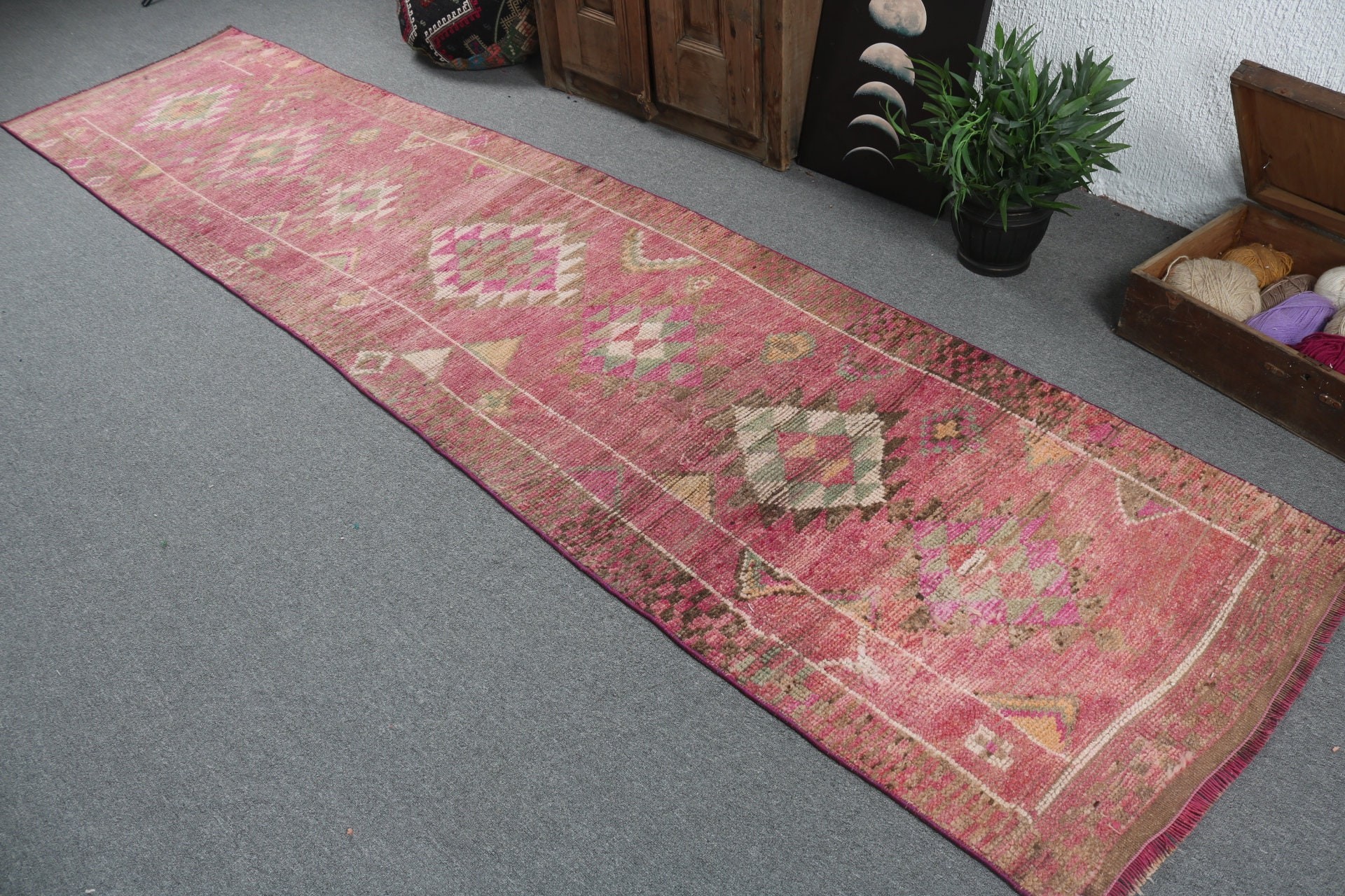 Pink Oriental Rugs, Kitchen Rugs, Vintage Rug, Aesthetic Rug, Hallway Rug, 2.7x11.6 ft Runner Rugs, Stair Rug, Luxury Rugs, Turkish Rug