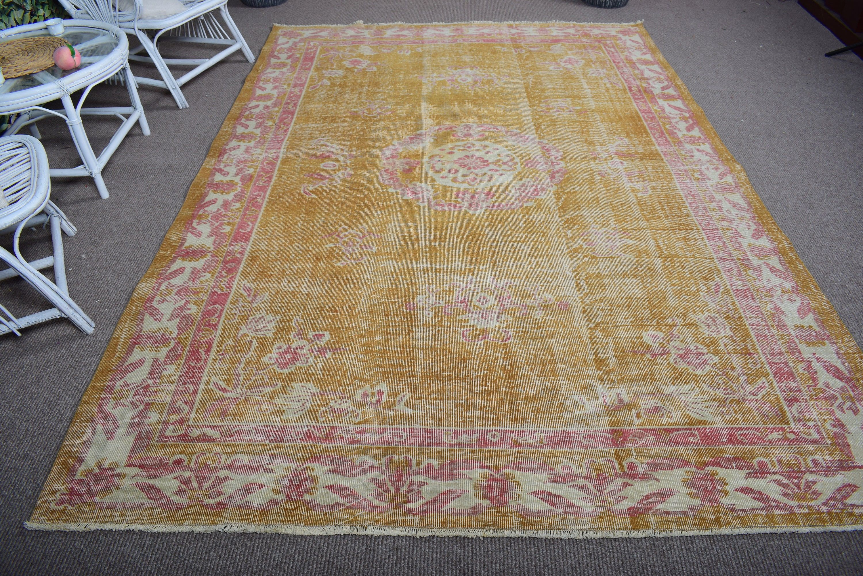 Turkish Rug, Yellow Antique Rug, Modern Rug, Large Oushak Rug, 6.6x9.7 ft Large Rug, Vintage Rug, Anatolian Rugs, Living Room Rugs