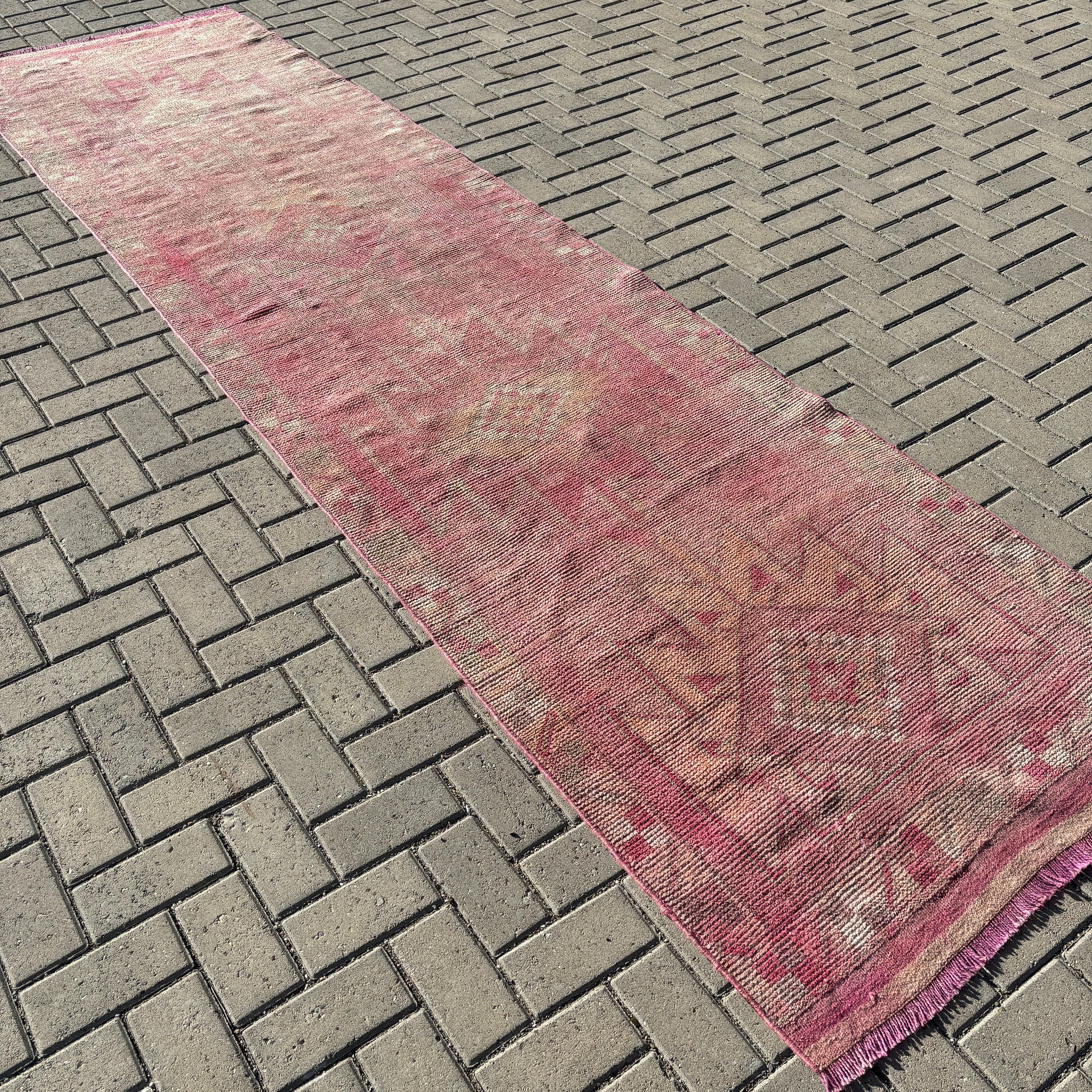 Kitchen Rugs, 3.2x12.3 ft Runner Rugs, Handwoven Rug, Long Runner Rugs, Geometric Rug, Turkish Rugs, Pink Antique Rugs, Vintage Rug