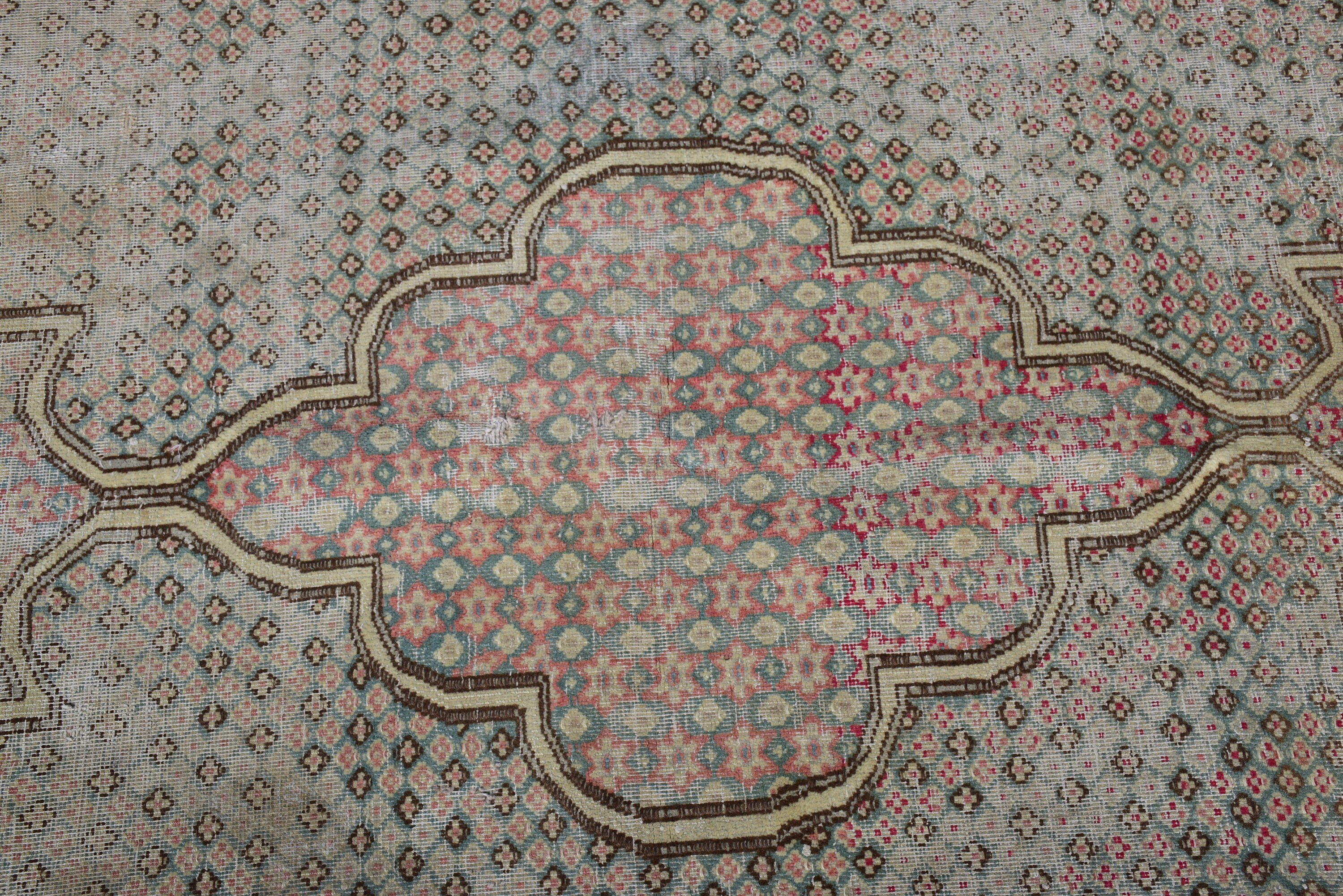 Yeşil Yün Halı, Türk Halısı, Vintage Halı, Geometrik Halı, Vintage Vurgulu Halı, Boho Vurgulu Halılar, 4.8x4.8 ft Aksanlı Halılar, Oushak Halıları