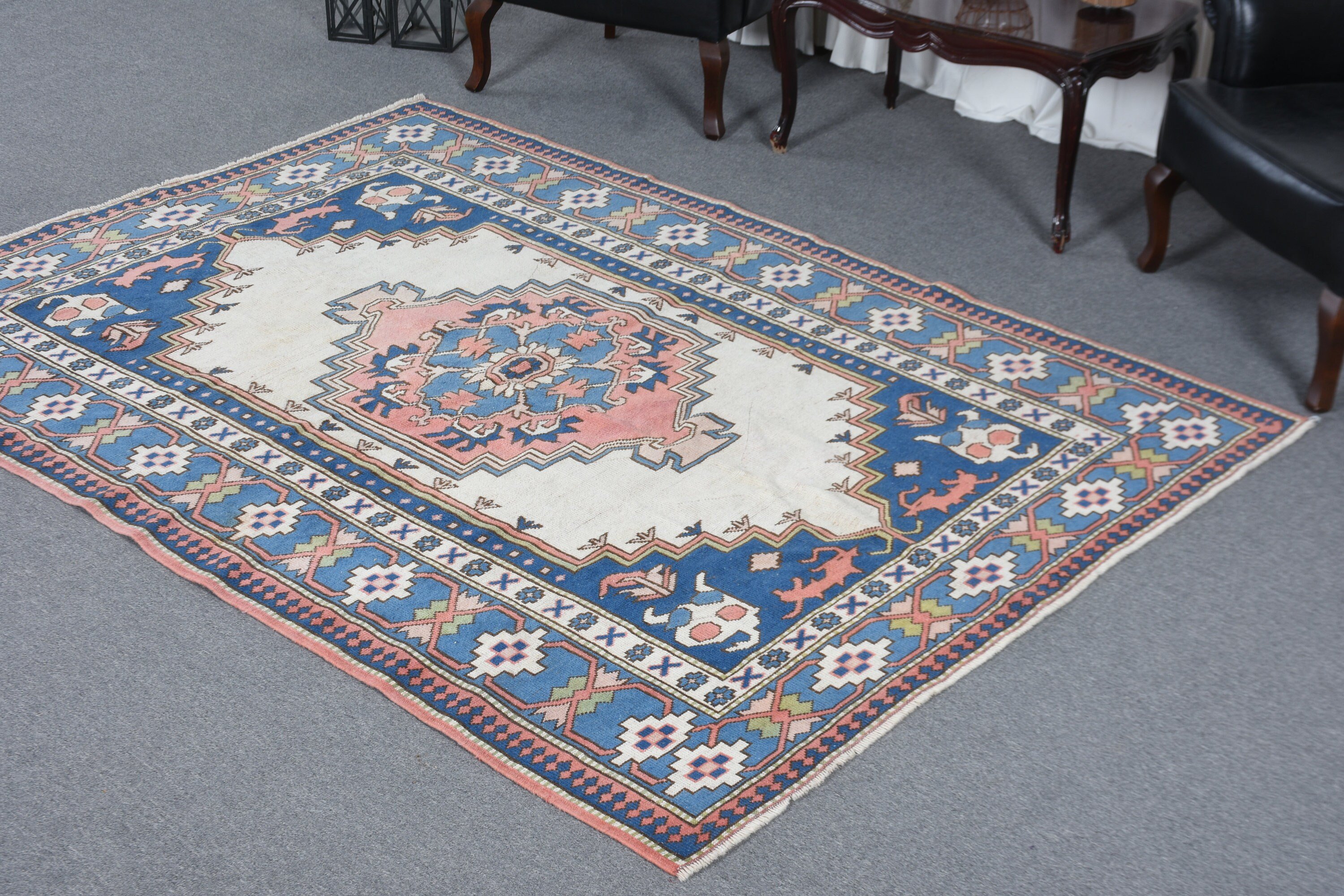 Dining Room Rug, Floor Rugs, 5.9x8.2 ft Large Rug, Moroccan Rug, Blue Anatolian Rug, Vintage Rugs, Turkish Rugs, Salon Rugs, Pale Rug