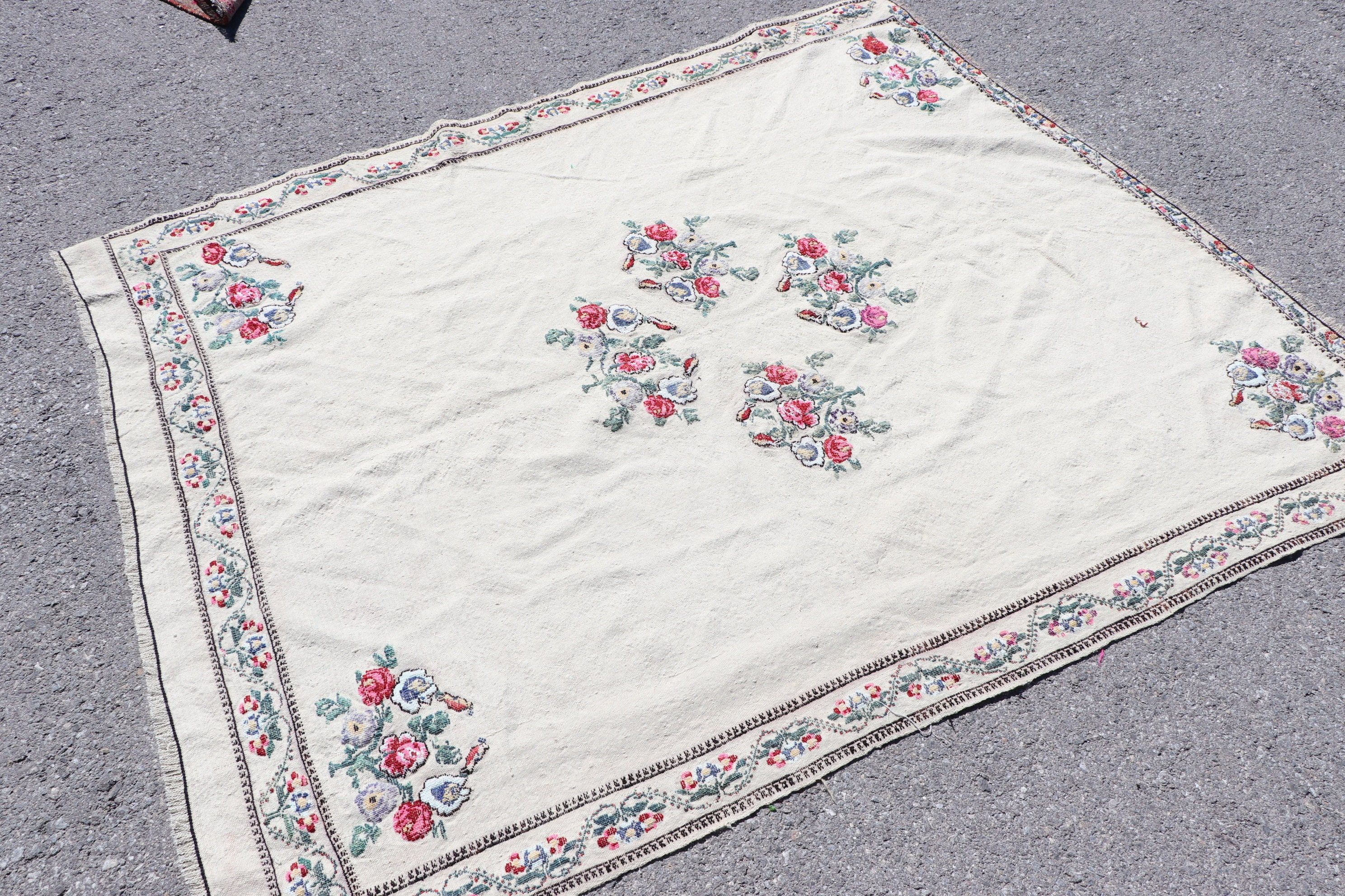 5.2x6.1 ft Area Rugs, Vintage Rug, Turkish Rug, Bedroom Rug, Floor Rugs, Kilim, White Antique Rugs, Rugs for Bedroom, Old Rugs, Oushak Rug