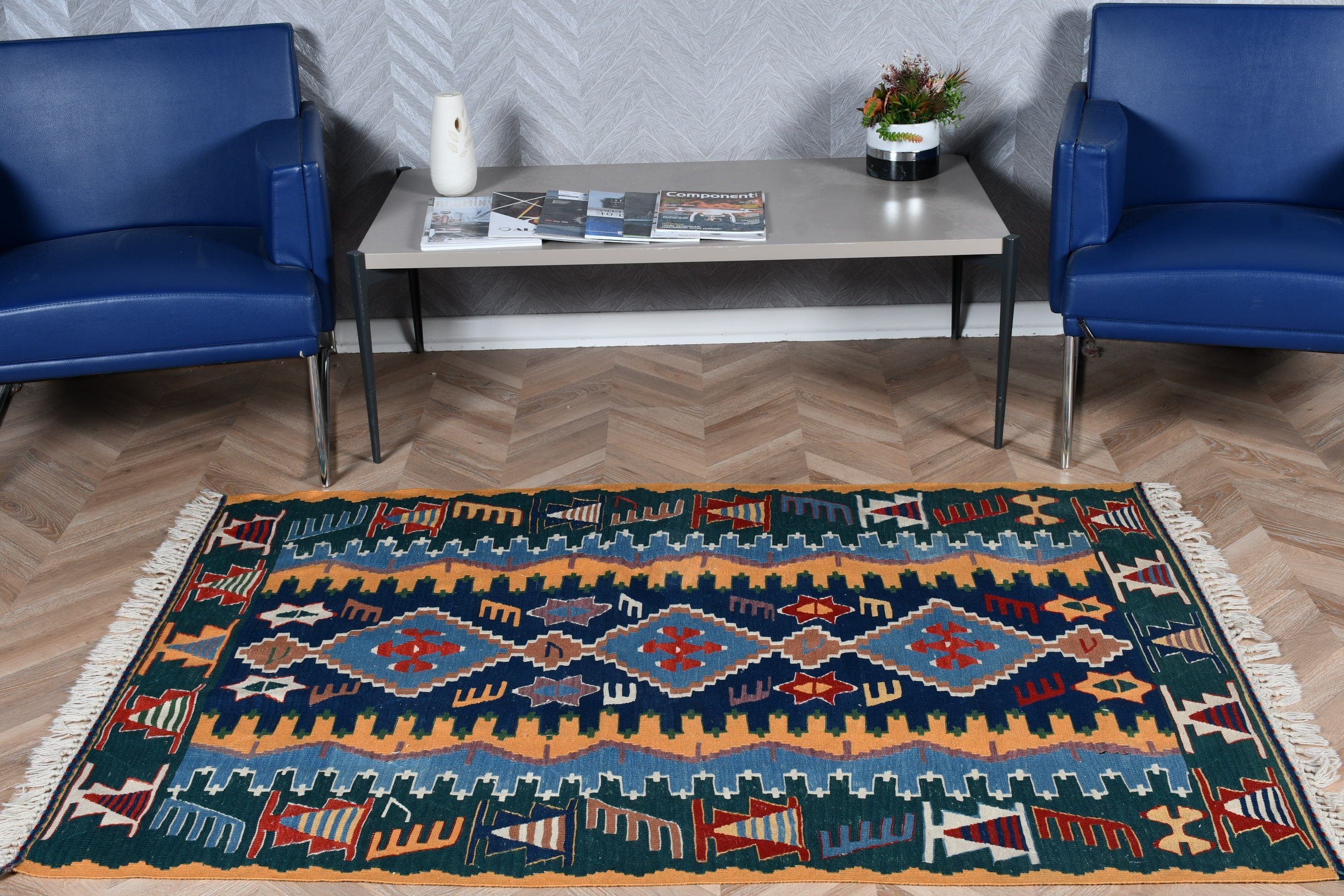 Türk Halısı, Vintage Halı, 3,7x5,5 ft Aksan Halısı, Kilim, Yeşil Oushak Halısı, Mutfak Halıları, Soluk Halı, Giriş Halısı, Fas Halısı