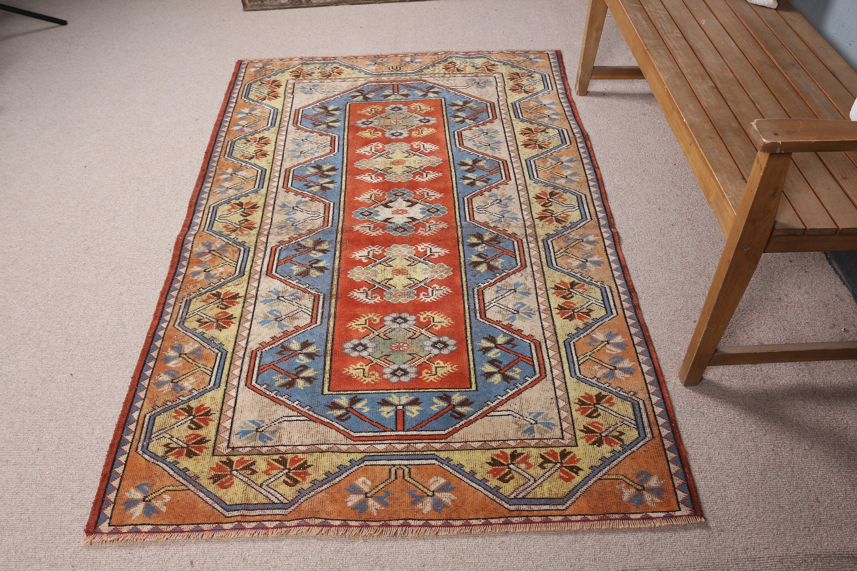 Mutfak Halısı, Vintage Halı, Sessiz Halı, Oushak Halı, 3,8x5,9 ft Accent Halı, Türk Halıları, Mavi Yer Halısı, Yatak Odası Halıları, Çocuk Odası Halısı