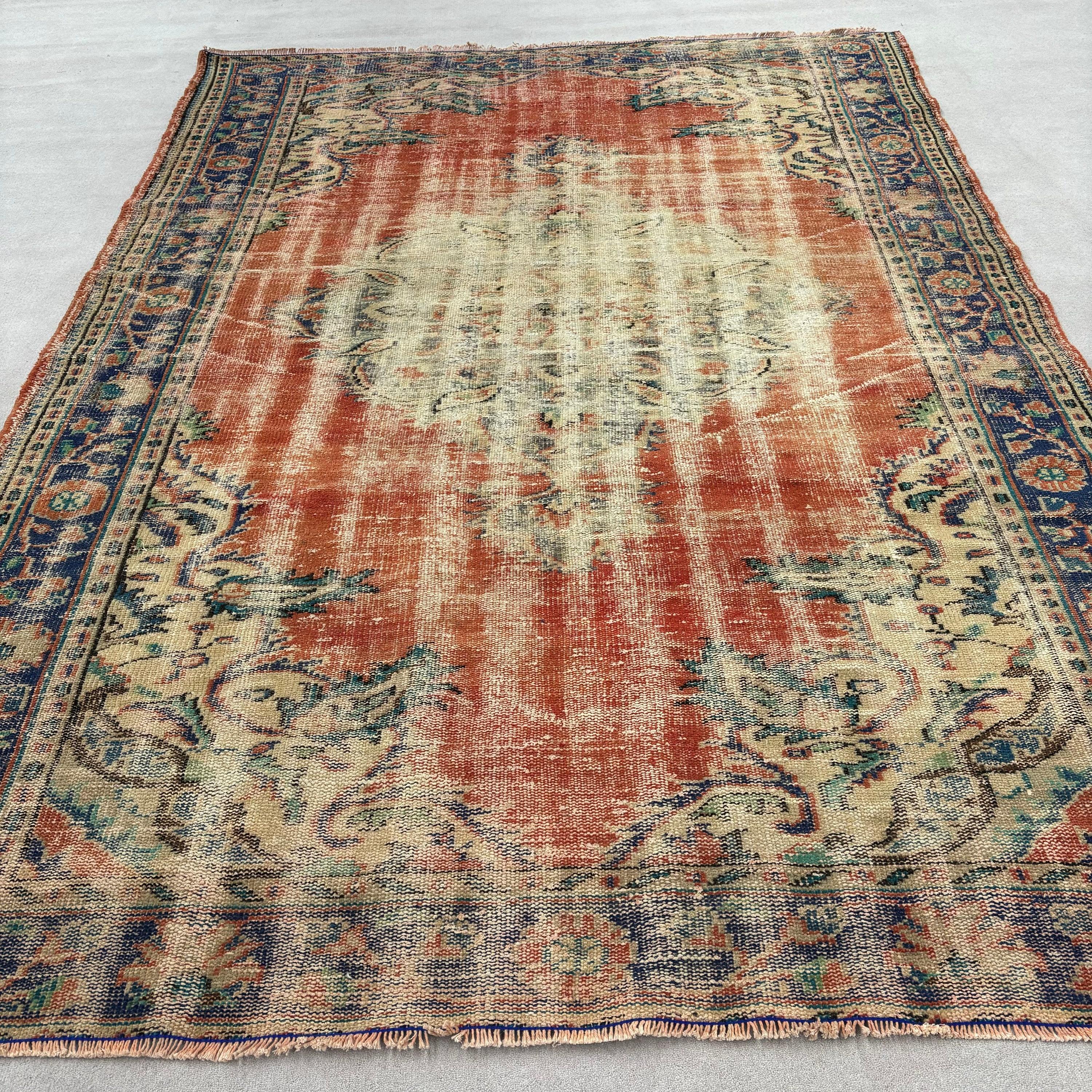 Vintage Halılar, Yemek Odası Halısı, 6,2x9,2 ft Büyük Halılar, El Dokuma Halı, Salon Halıları, Ofis Halıları, Turuncu Antika Halı, Türk Halısı