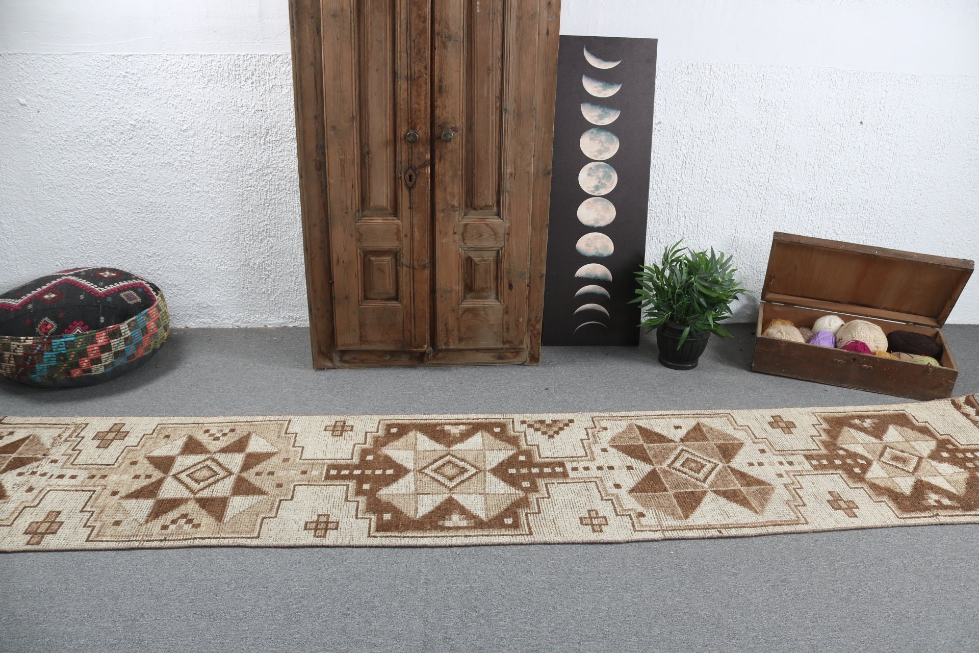 El Yapımı Halı, Bej Antika Halı, Merdiven Halıları, Oushak Halısı, Türk Halıları, Vintage Halı, Mutfak Halıları, 2.2x11.7 ft Yolluk Halıları