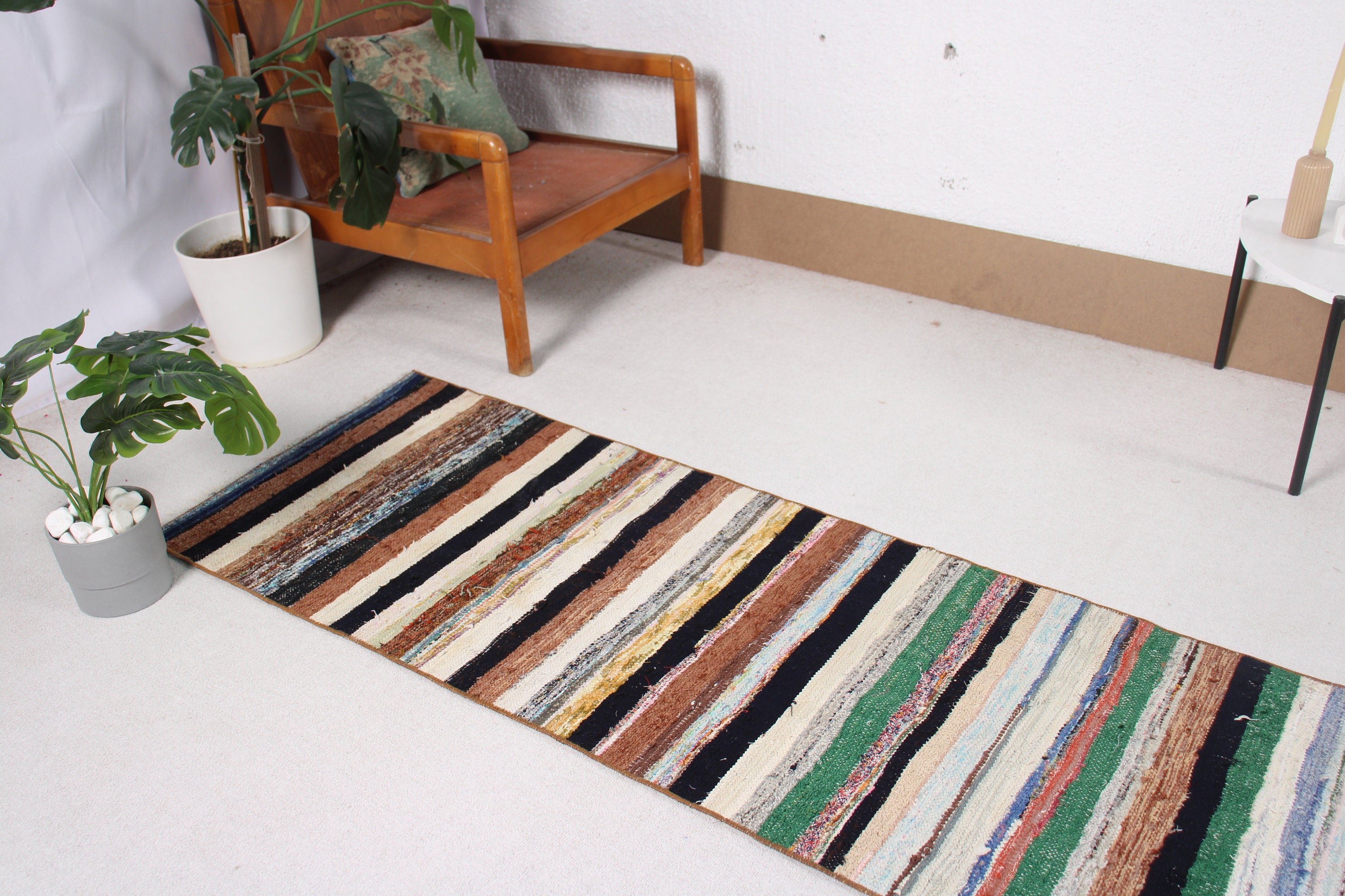 Kilim, 2.1x7.6 ft Yolluk Halı, Yeşil Mutfak Halısı, Ofis Halısı, Vintage Halı, Geometrik Halı, Türk Halısı, Uzun Yolluk Halıları, El Dokuma Halı