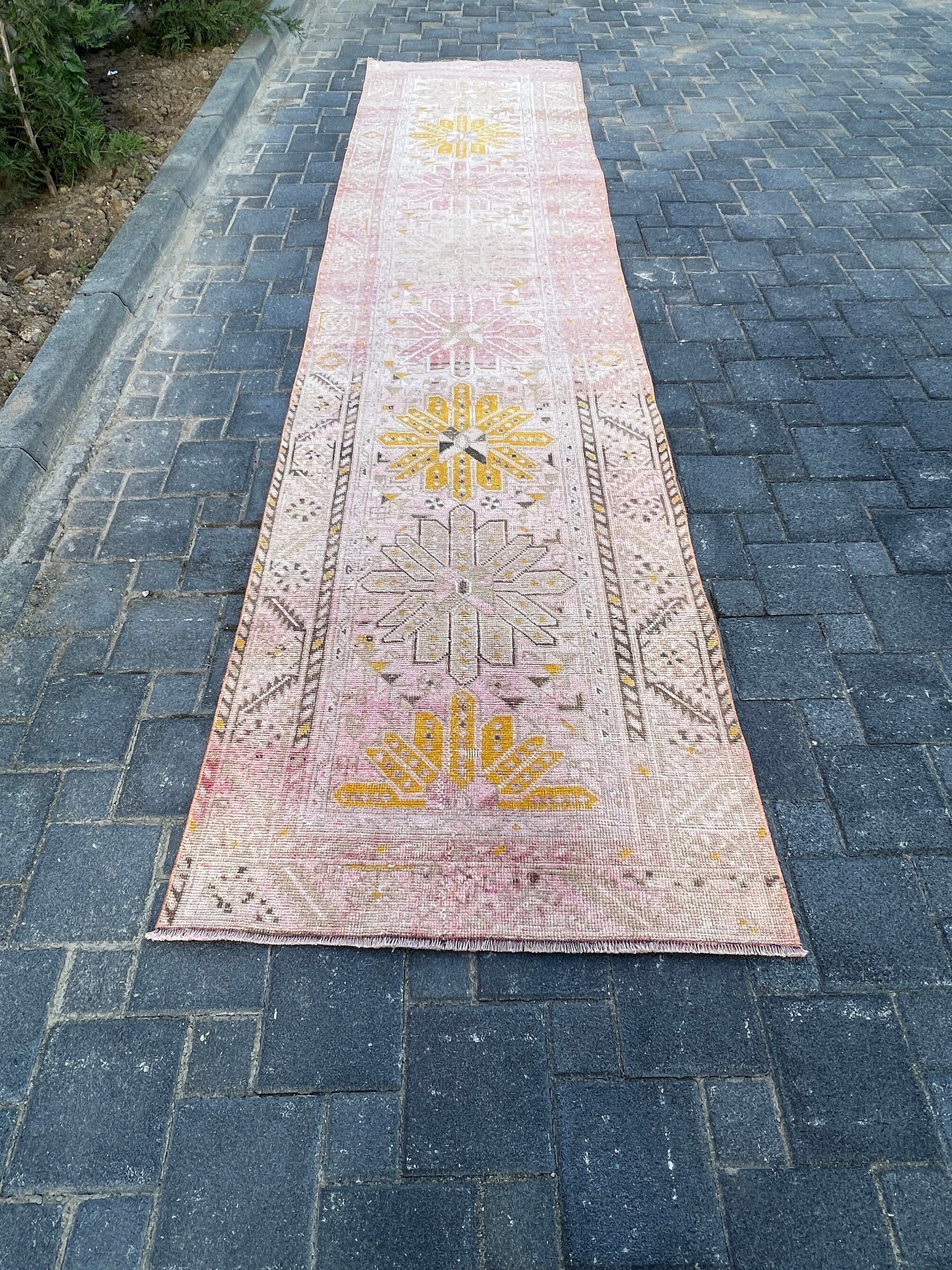Pink Wool Rug, Kitchen Rug, Turkish Rugs, Corridor Rugs, Oriental Rug, Vintage Rug, 3.2x11.8 ft Runner Rug, Wool Rugs, Rugs for Stair