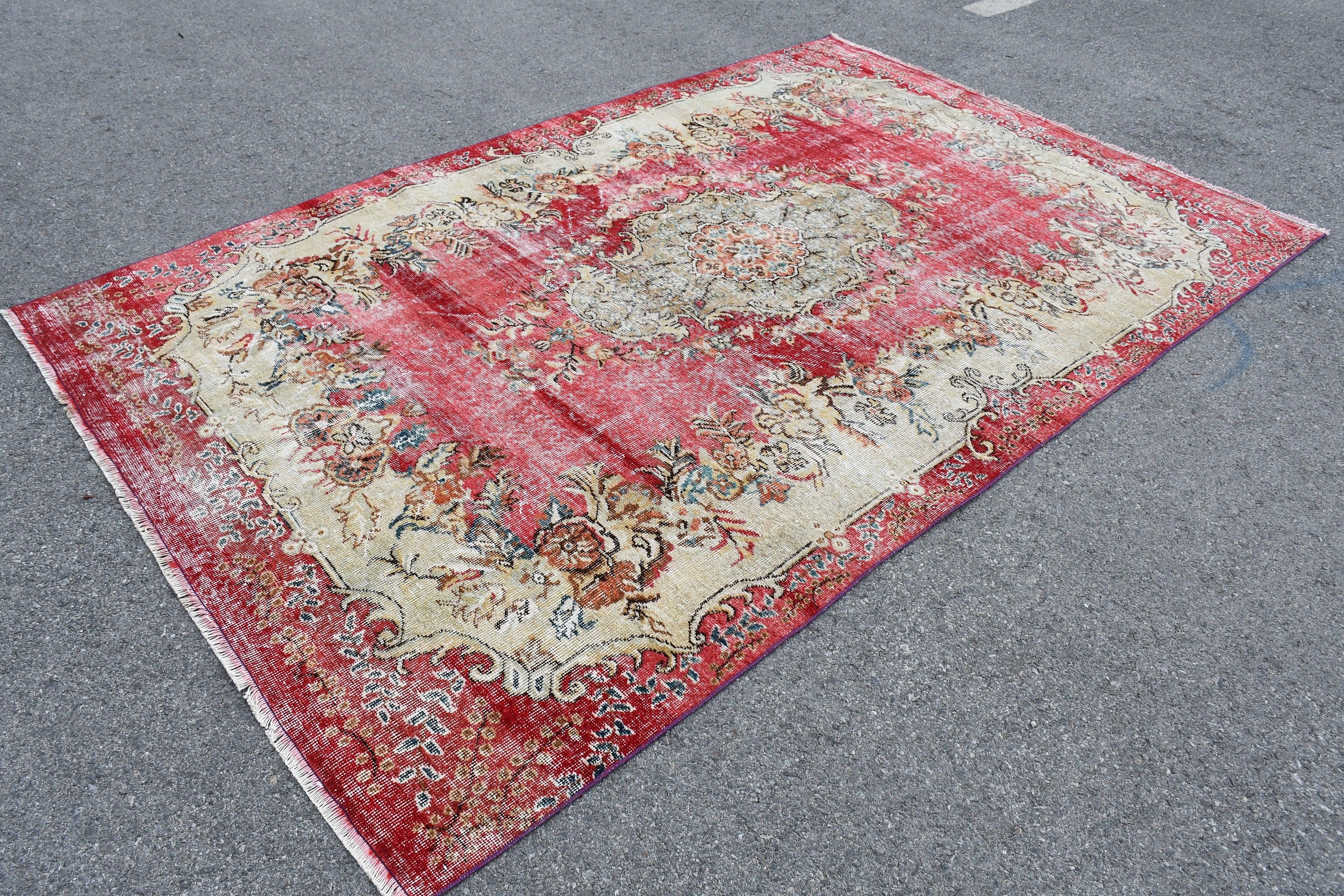 Kırmızı 6.4x9.9 ft Büyük Halı, Yemek Odası Halıları, Salon Halısı, Yer Halıları, Yün Halı, Vintage Halı, Yemek Odası Halısı, Türk Halıları