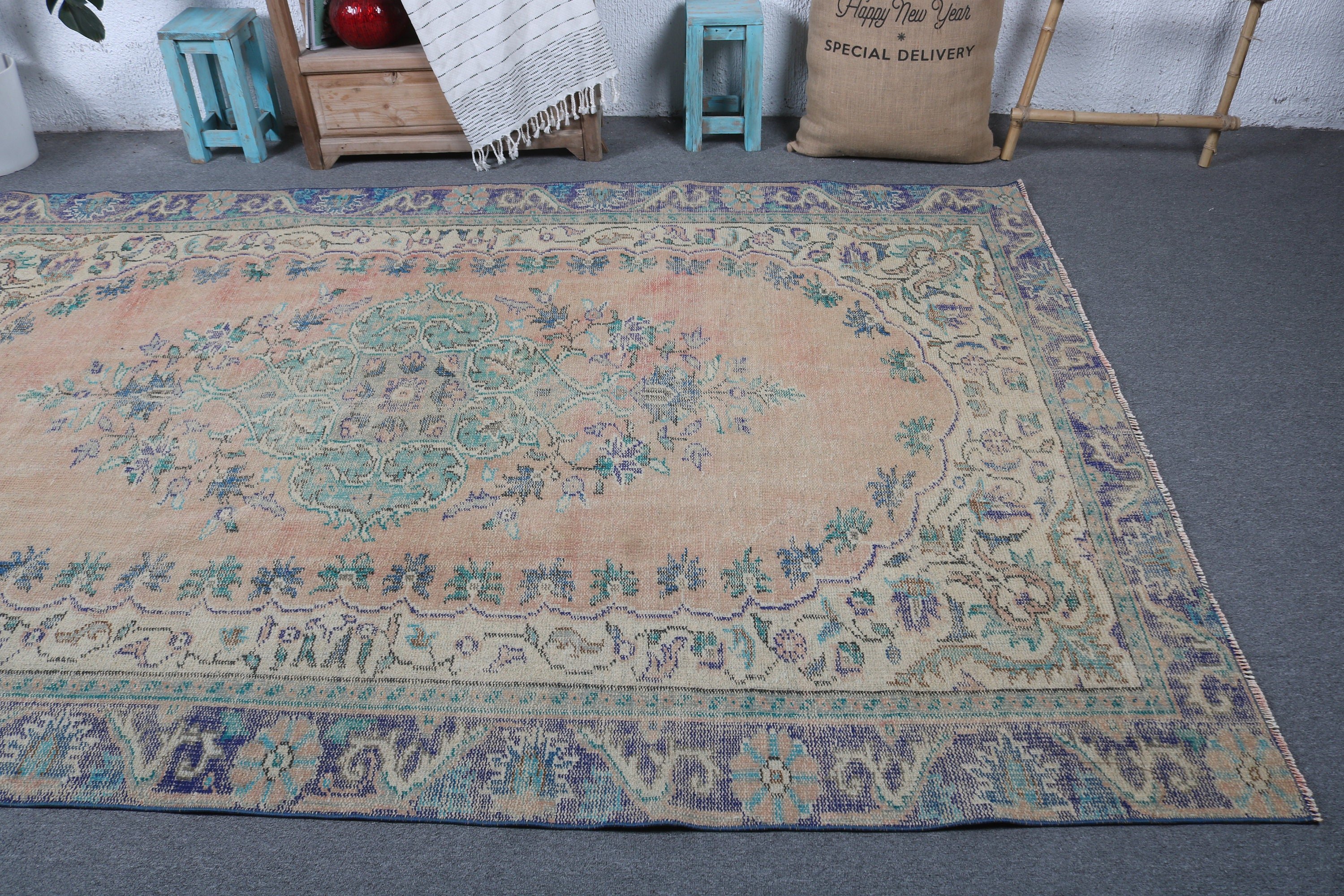 Türk Halıları, Modern Halılar, Anadolu Halıları, Büyük Vintage Halı, Yemek Odası Halısı, Vintage Halılar, Turuncu Yer Halıları, 6x9.2 ft Büyük Halı