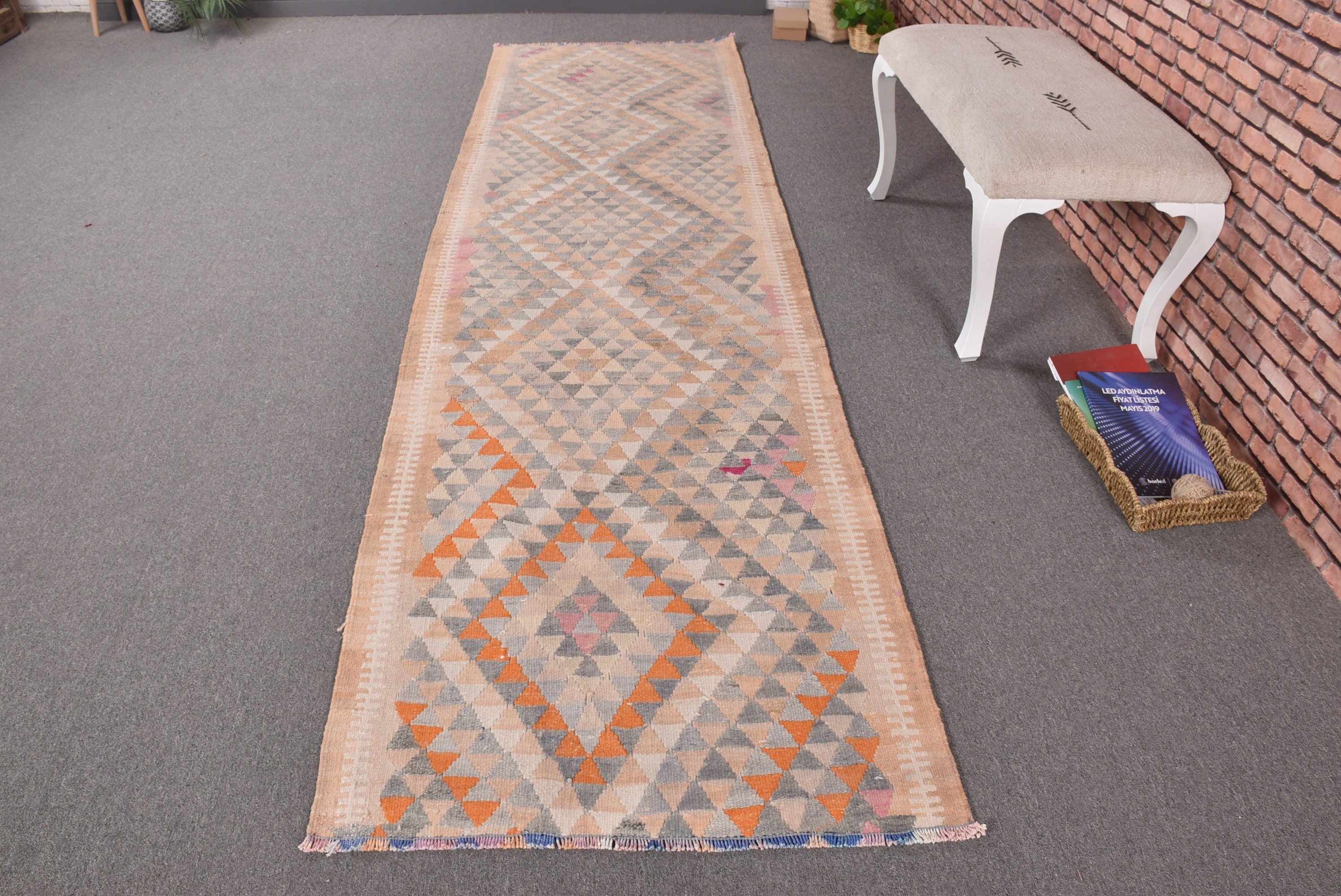 Vintage Halı, Kilim, Türk Halıları, Vintage Yolluk Halısı, Havalı Halılar, 2,9x10,9 ft Koşucu Halısı, Bej Düz Dokuma Halılar, Koridor Halısı, Açıklama Halısı