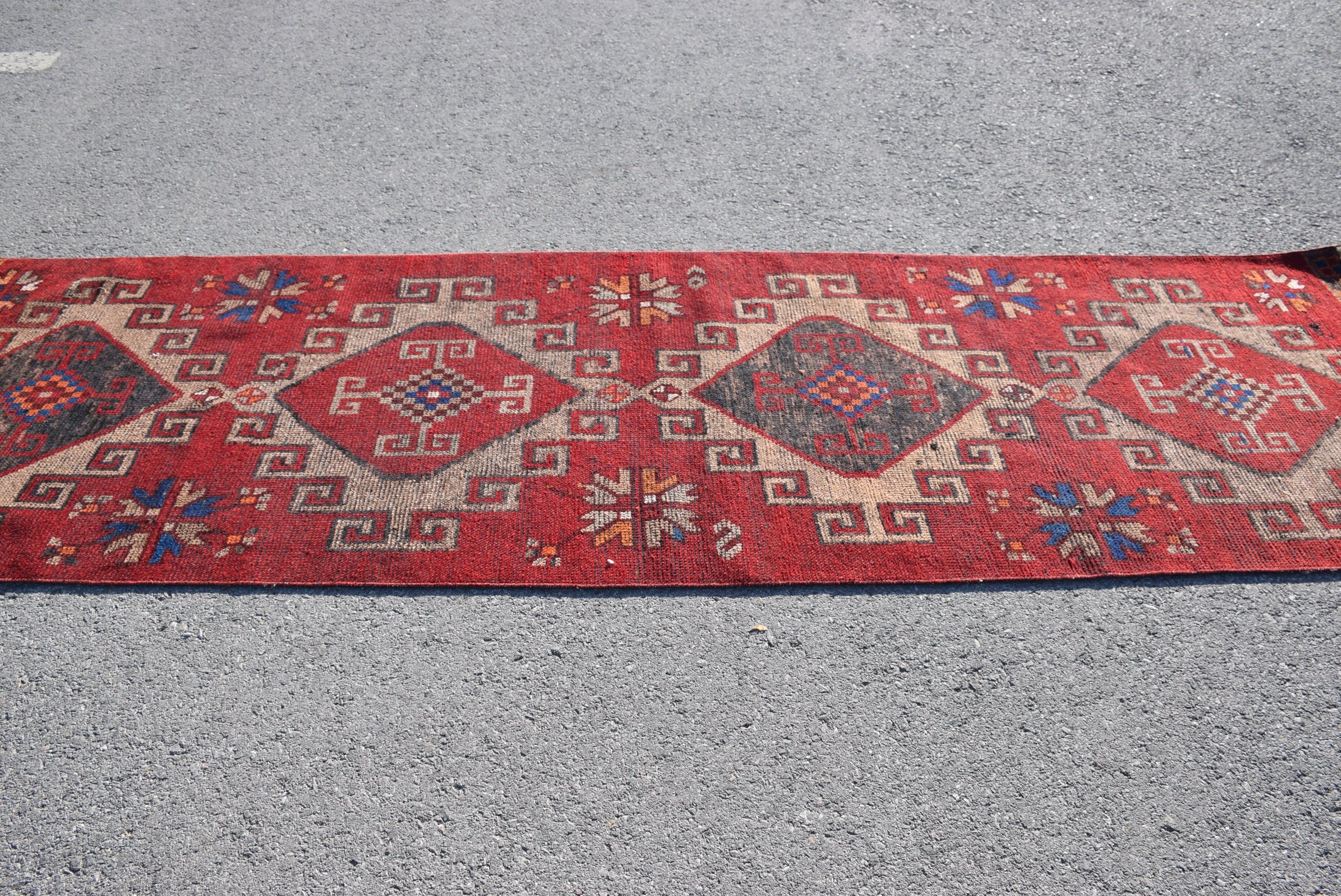 Red Oushak Rug, Kitchen Rug, Boho Rug, Turkish Rug, 3.1x10.4 ft Runner Rugs, Antique Rug, Vintage Rug, Rugs for Runner, Hallway Rugs