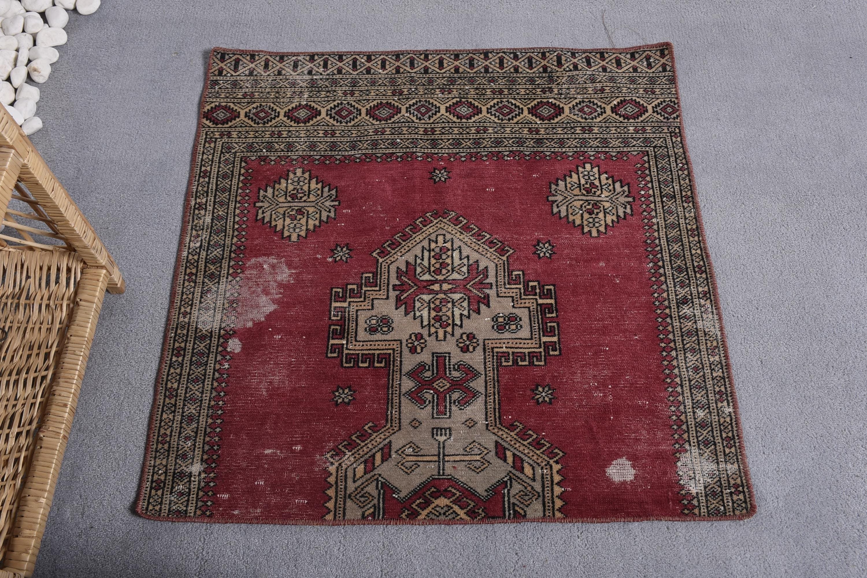 Oushak Halısı, Türk Halıları, 2.9x2.9 ft Küçük Halı, Vintage Halı, Yün Banyo Paspas Halısı, Kırmızı Düz ​​Dokuma Halılar, Giriş Halısı, Kapı Paspas Halısı, Nötr Halı