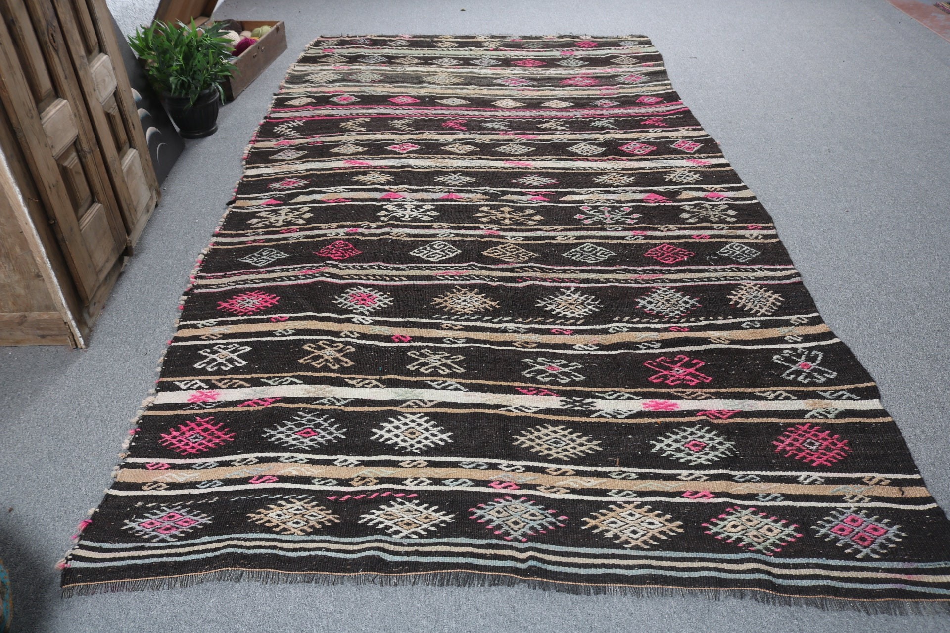 Nötr Halı, Türk Halısı, Kilim, 5,9x10,9 ft Büyük Halı, Büyük Boho Halıları, Vintage Halı, Mutfak Halıları, Büyük Oushak Halıları, Siyah Yün Halı