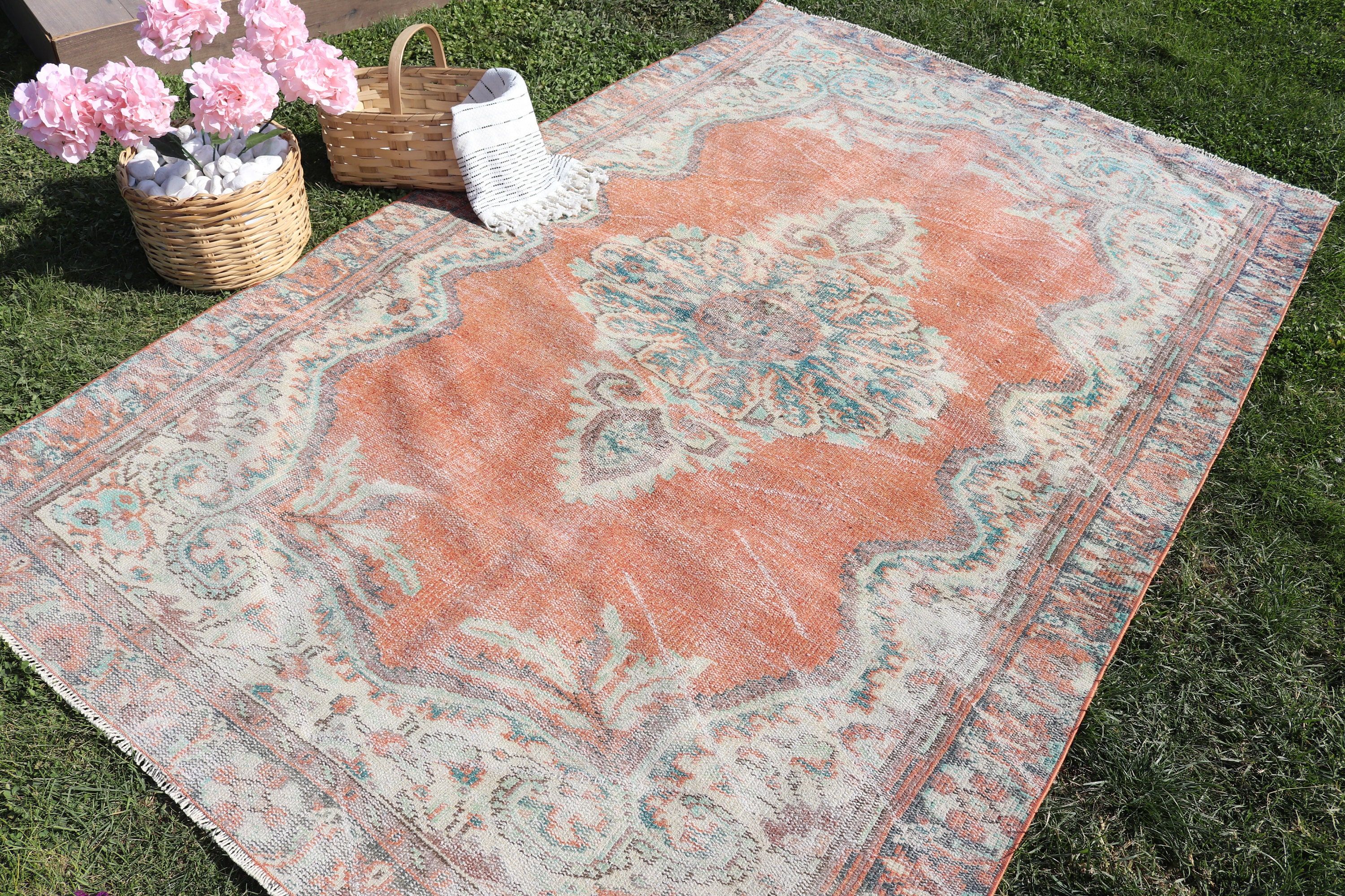 Dining Room Rugs, Home Decor Rug, Anatolian Rug, Turkish Rugs, 5.3x8.2 ft Large Rugs, Orange Geometric Rug, Vintage Rug, Large Boho Rugs