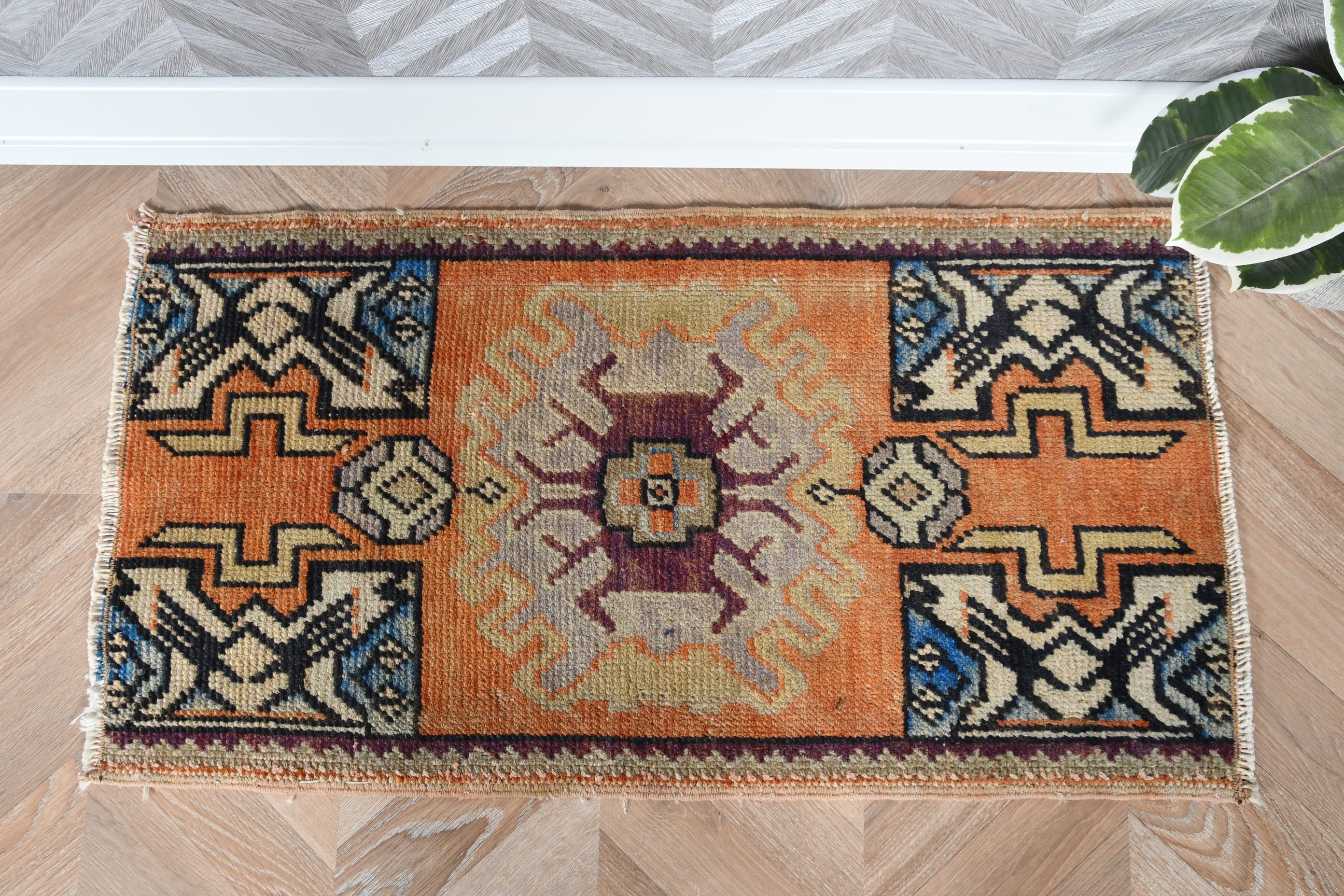 Anatolian Rug, 1.5x2.8 ft Small Rug, Orange Moroccan Rug, Kitchen Rug, Decorative Rug, Vintage Rug, Door Mat Rug, Turkish Rug, Bedroom Rugs