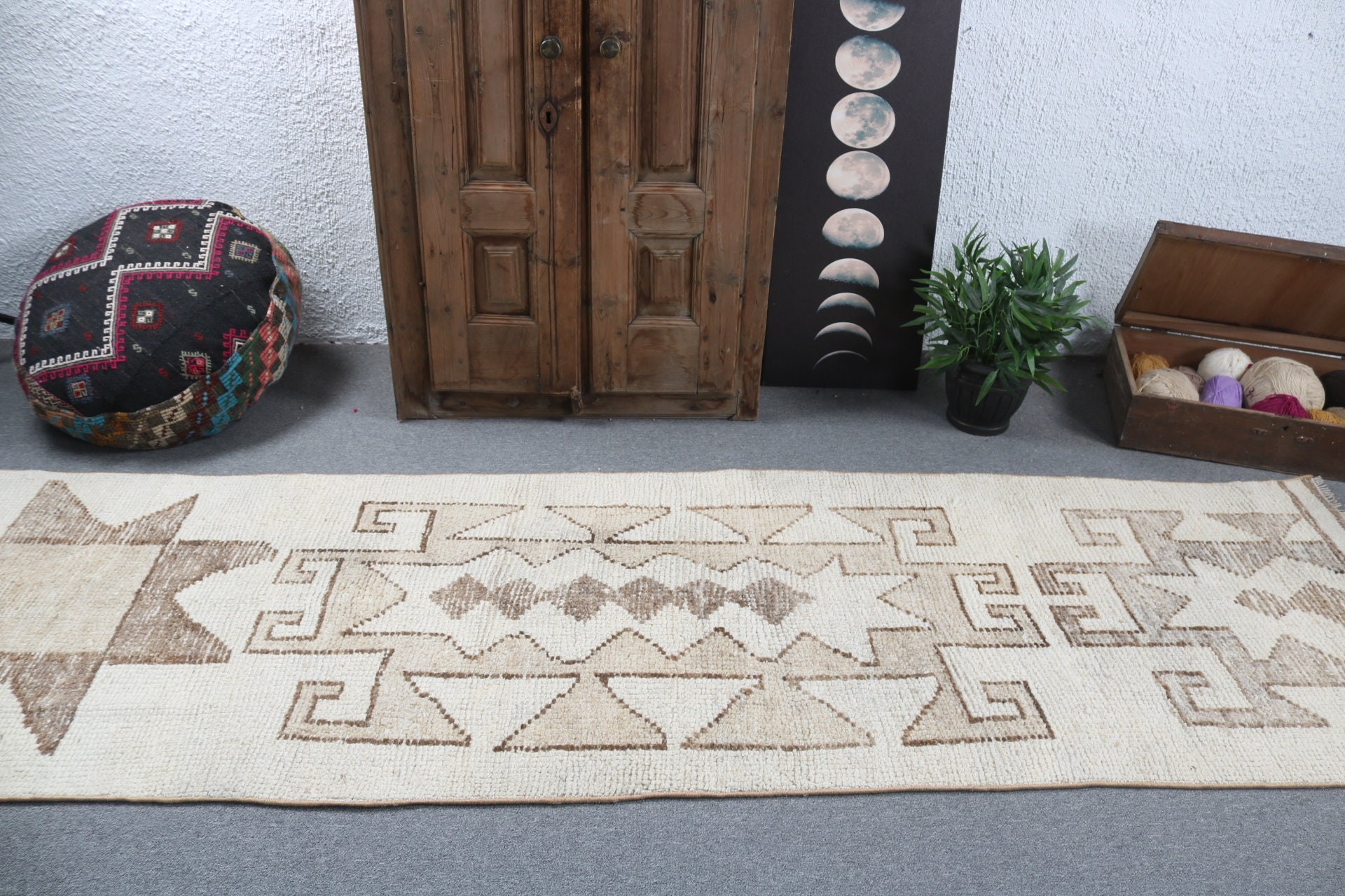 Bej Oushak Halı, Uzun Yolluk Halı, Vintage Halılar, 3x10.8 ft Runner Halılar, Türk Halısı, Yer Halıları, Runner Halıları, Mutfak Halısı, Lüks Halı