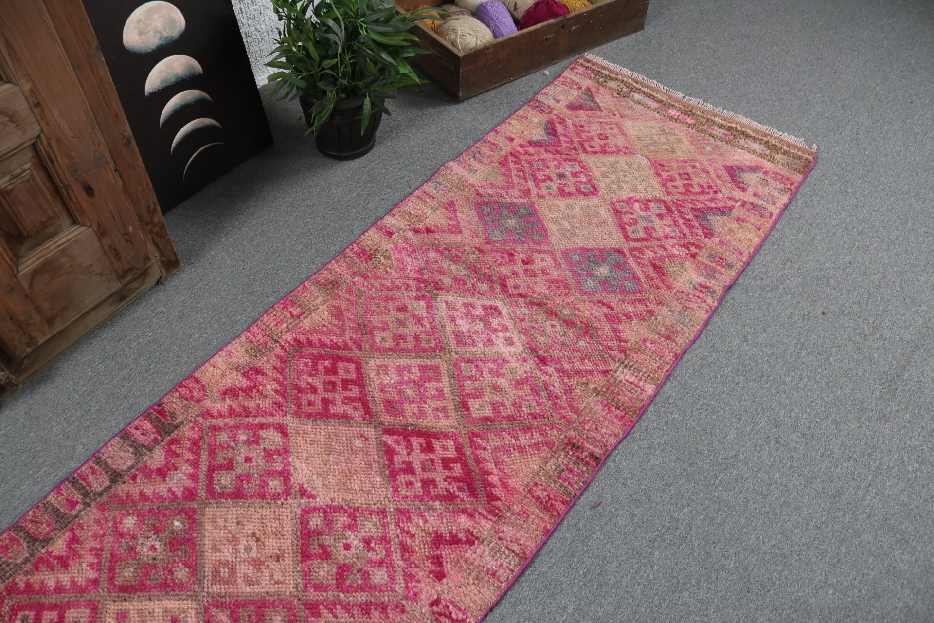 Pink Cool Rugs, 2.4x9.5 ft Runner Rug, Rugs for Vintage Runner, Geometric Rug, Luxury Rugs, Turkish Rugs, Stair Rugs, Vintage Rugs