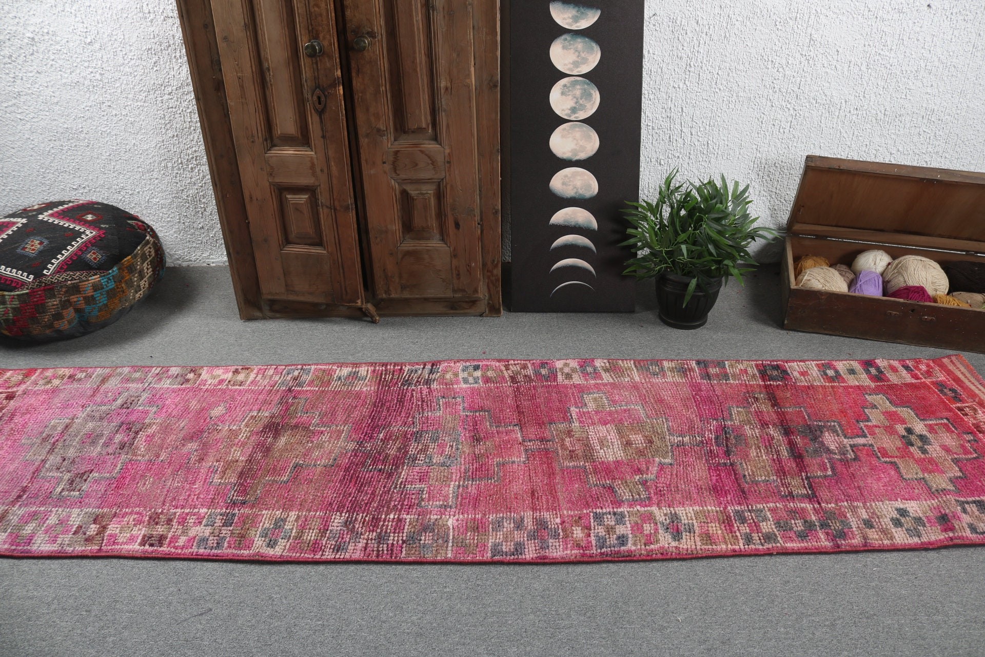 Beni Ourain Runner Rugs, Statement Rugs, Pink Geometric Rug, Turkish Rug, Corridor Rugs, Vintage Rug, 2.4x9.9 ft Runner Rugs, Cool Rug