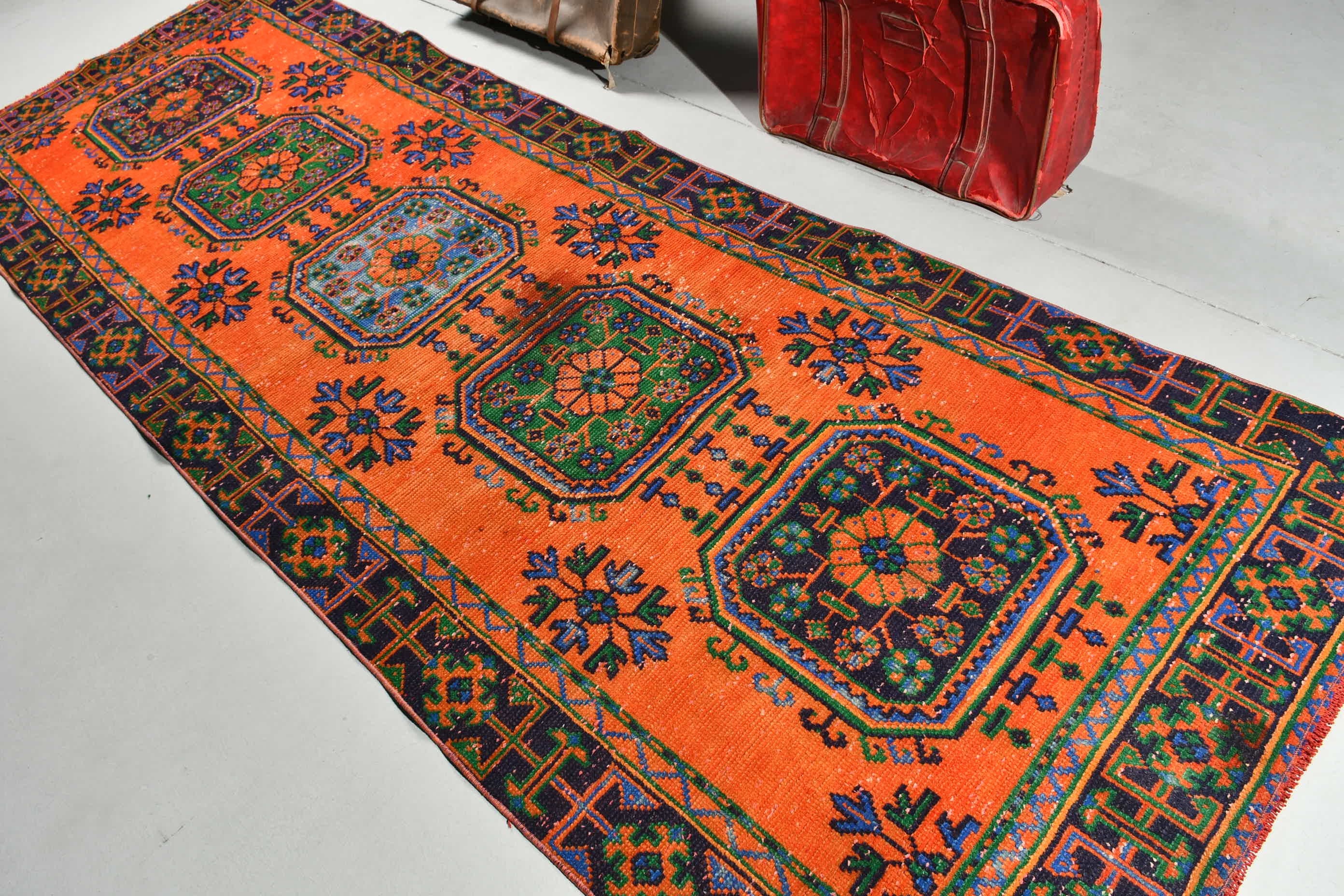 Floor Rug, Vintage Rug, Rugs for Hallway, Oriental Rug, Outdoor Rug, 3.9x10.8 ft Runner Rug, Stair Rugs, Orange Oriental Rug, Turkish Rugs