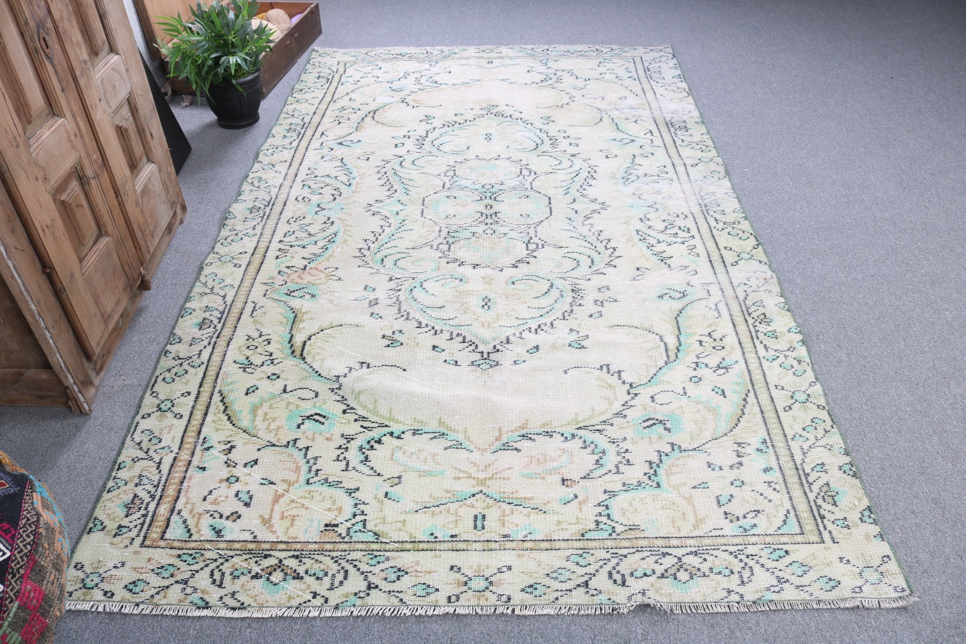 Büyük Oushak Halıları, Anadolu Halısı, Ev Dekorasyonu Halıları, Yeşil Modern Halı, Türk Halıları, 5.2x8.7 ft Büyük Halı, Vintage Halı, Büyük Vintage Halılar