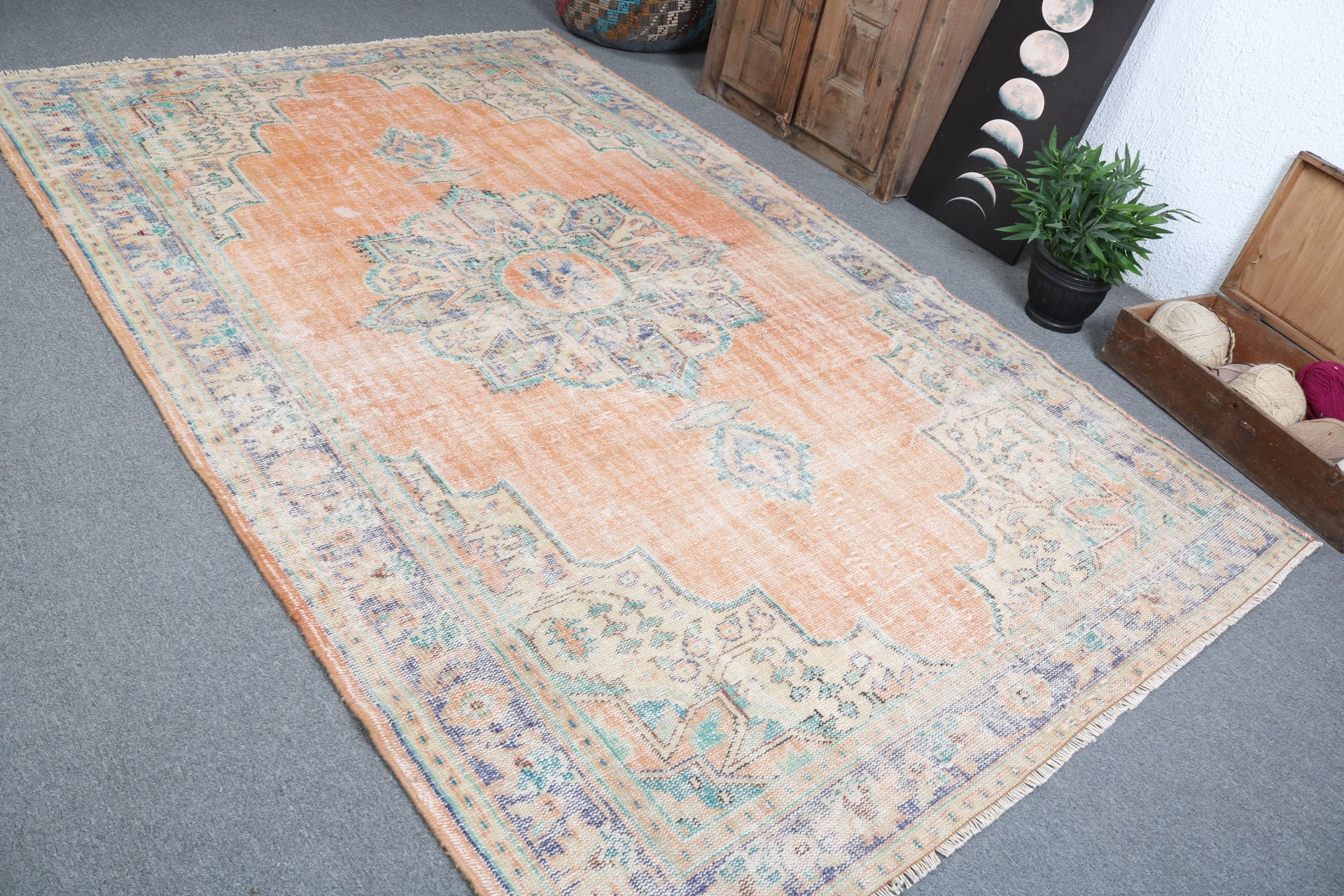 6.2x9.8 ft Büyük Halılar, Turuncu Geometrik Halı, Yemek Odası Halısı, Boho Halısı, Yer Halıları, Vintage Halı, Bildiri Halısı, Türk Halısı, Büyük Boho Halısı