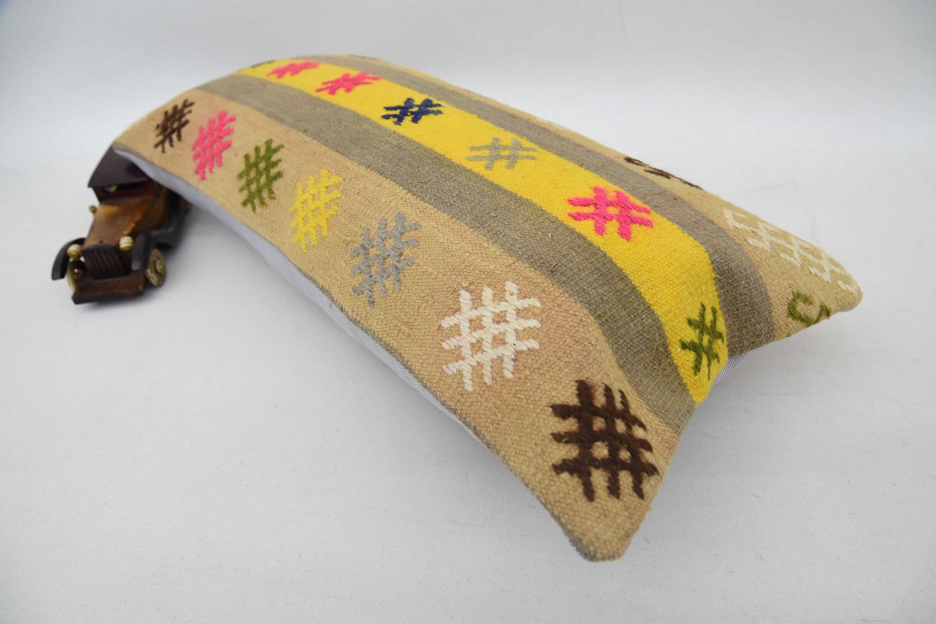 Handmade Pillow, Turkish Pillow, Vintage Kilim Throw Pillow, 12"x24" Yellow Pillow Cover, Home Decor Pillow, Bohemian Cushion Pillow Case