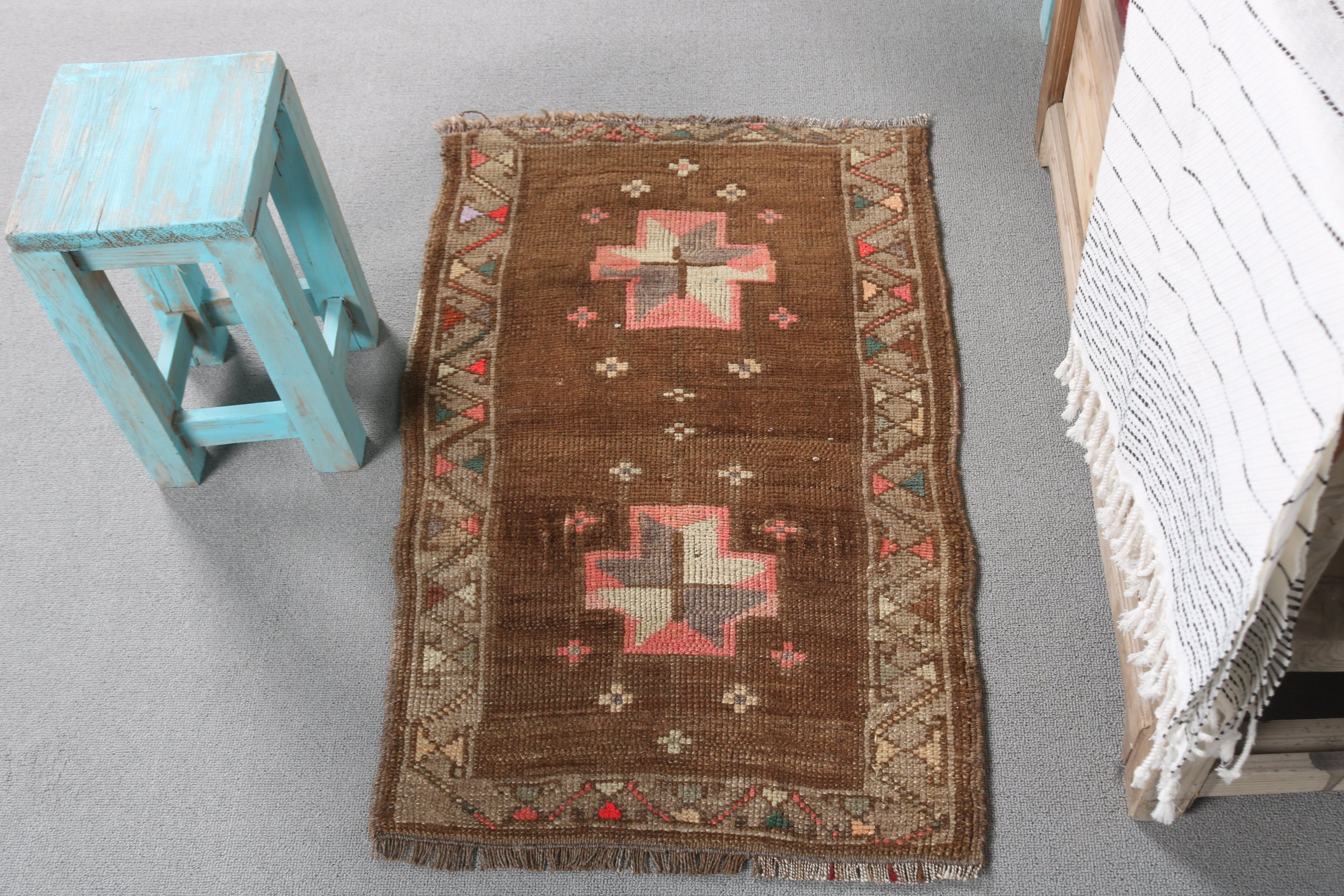 Vintage Halı, Ev Dekor Halıları, Paspas Halısı, Kahverengi Mutfak Halıları, Türk Halıları, Anadolu Halısı, 1.7x2.8 ft Küçük Halılar, Duvara Asılı Halı