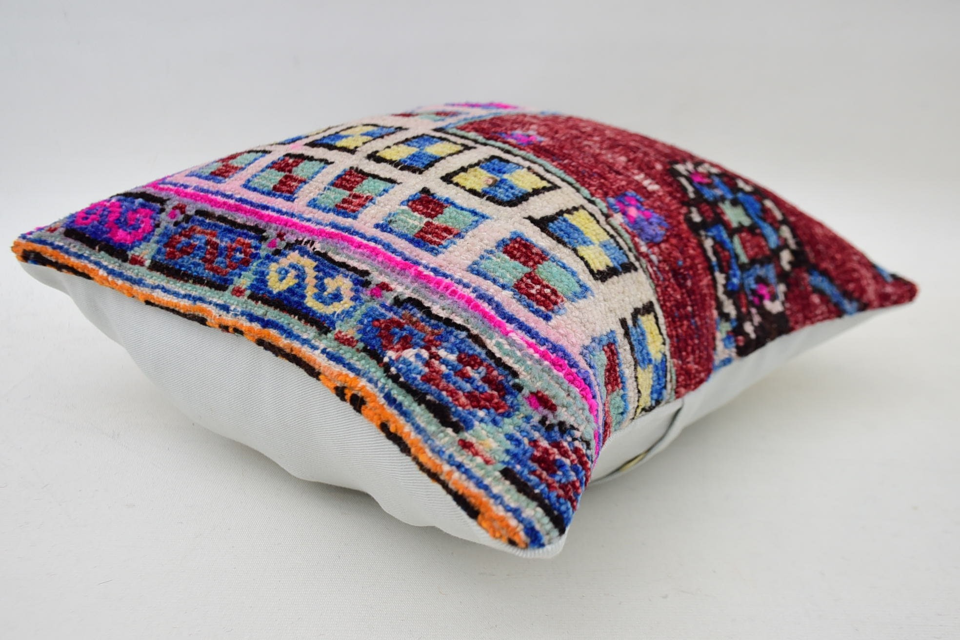 Crochet Pattern Pillow Case, Handmade Kilim Cushion, 14"x14" Red Cushion Case, Boho Pillow Sham Cover, Pillow for Couch