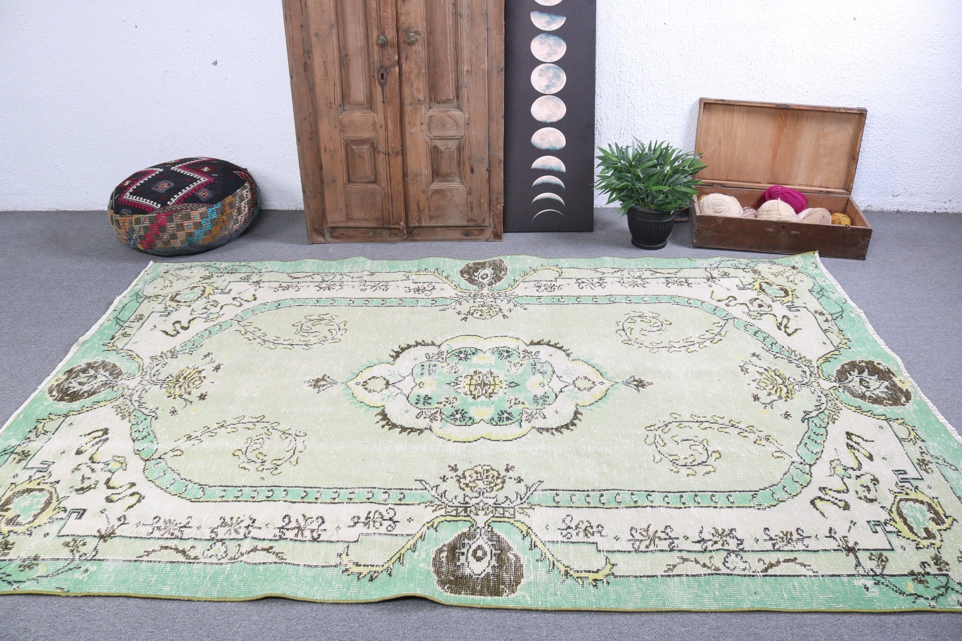 Geometrik Halı, Vintage Halılar, Büyük Oushak Halı, Yatak Odası Halıları, Yemek Odası Halısı, Türk Halısı, Yeşil 6x9.2 ft Büyük Halı