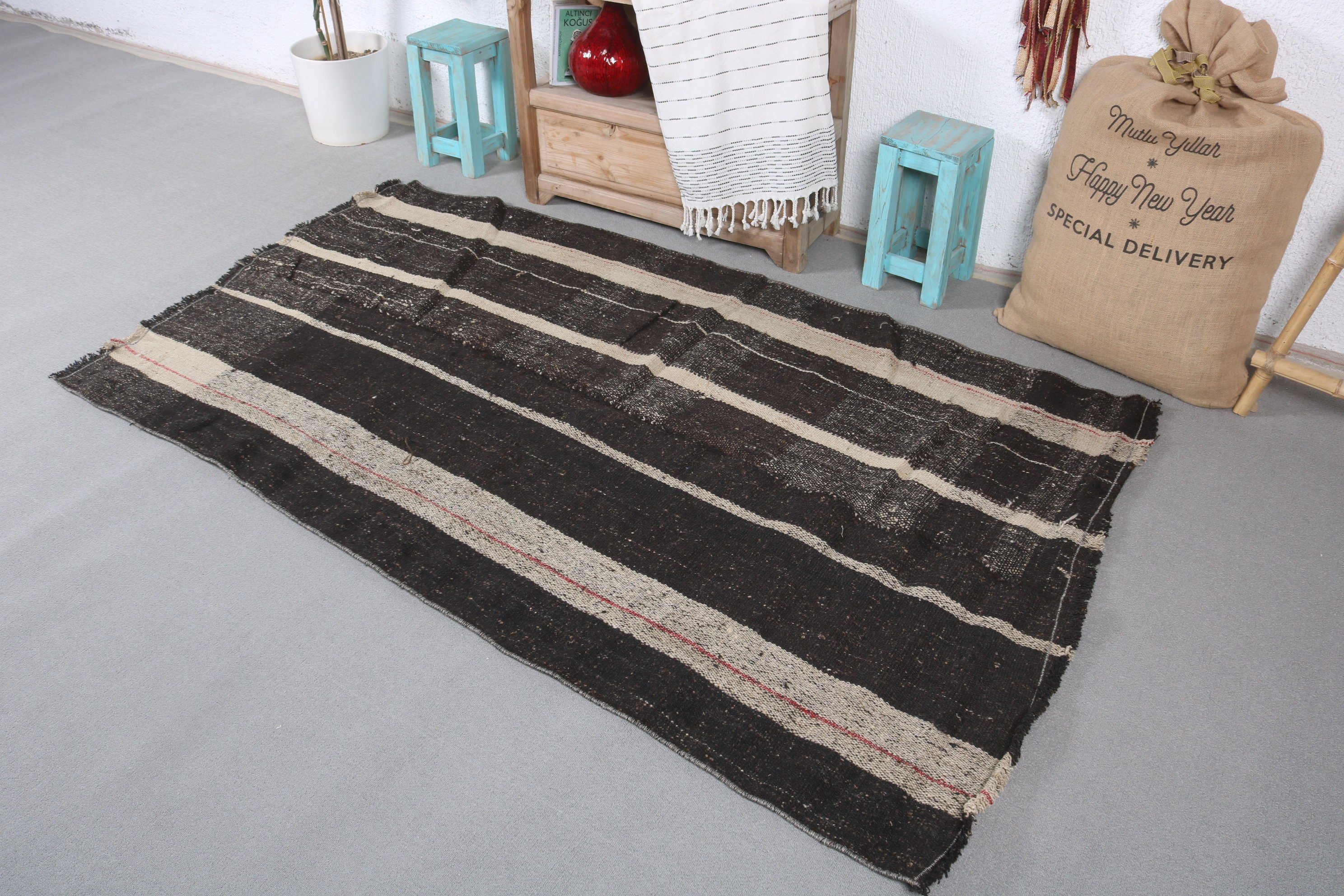 Vintage Rug, Black Moroccan Rug, Anatolian Rugs, Kilim, Muted Rug, Nursery Rugs, 3.7x6.6 ft Area Rugs, Turkish Rug, Kitchen Rugs, Floor Rug