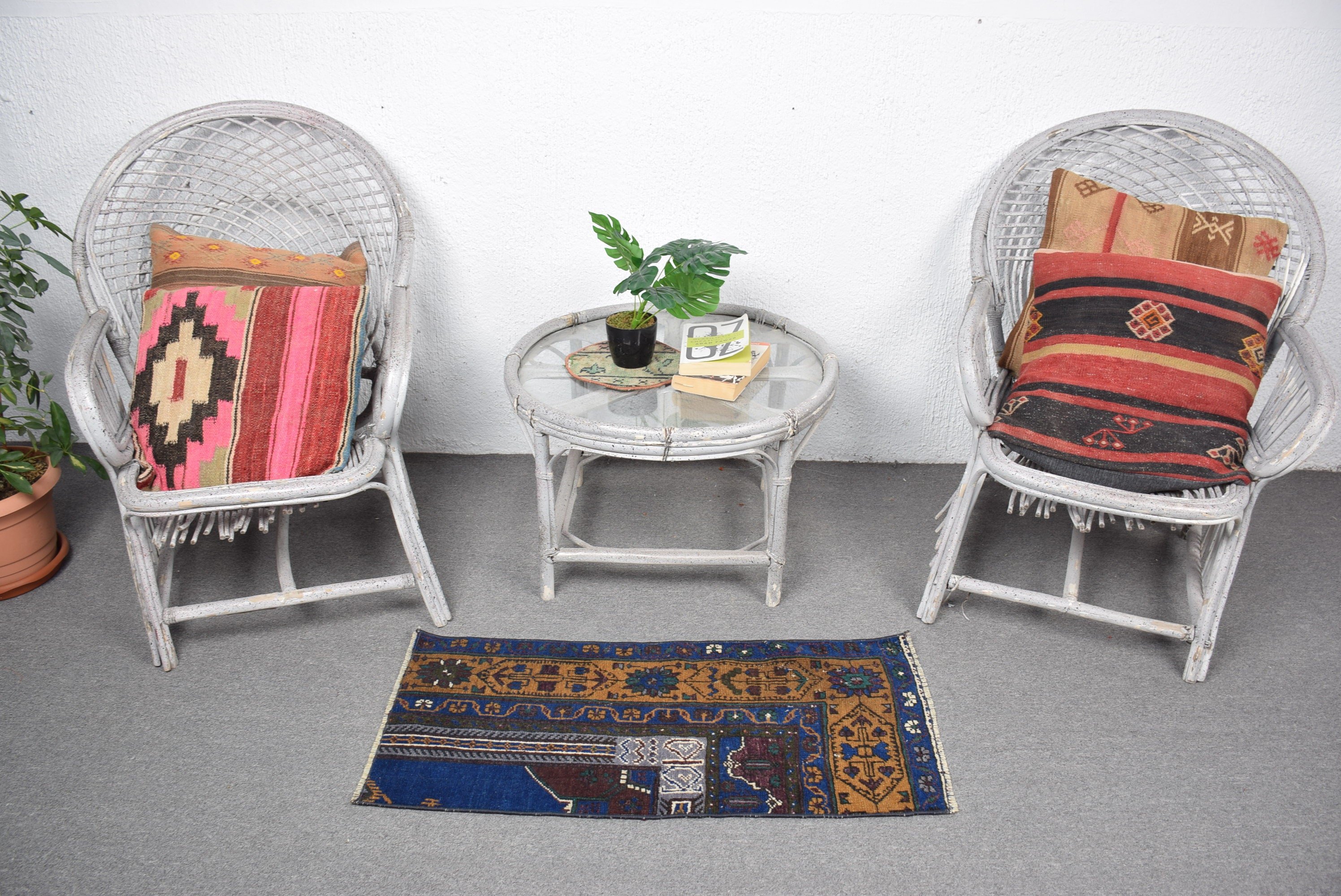 Moroccan Rug, Vintage Rug, 1.5x3.2 ft Small Rugs, Bath Rug, Turkish Rug, Blue Wool Rugs, Nursery Rug, Kitchen Rug, Rugs for Bathroom