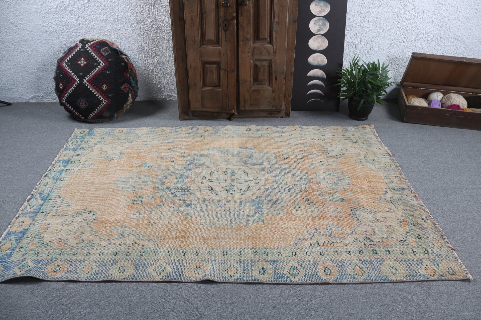 Turuncu Geometrik Halı, Yatak Odası Halısı, Yemek Odası Halıları, 4.8x7.3 ft Alan Halısı, Türk Halıları, Anadolu Halıları, Vintage Halı