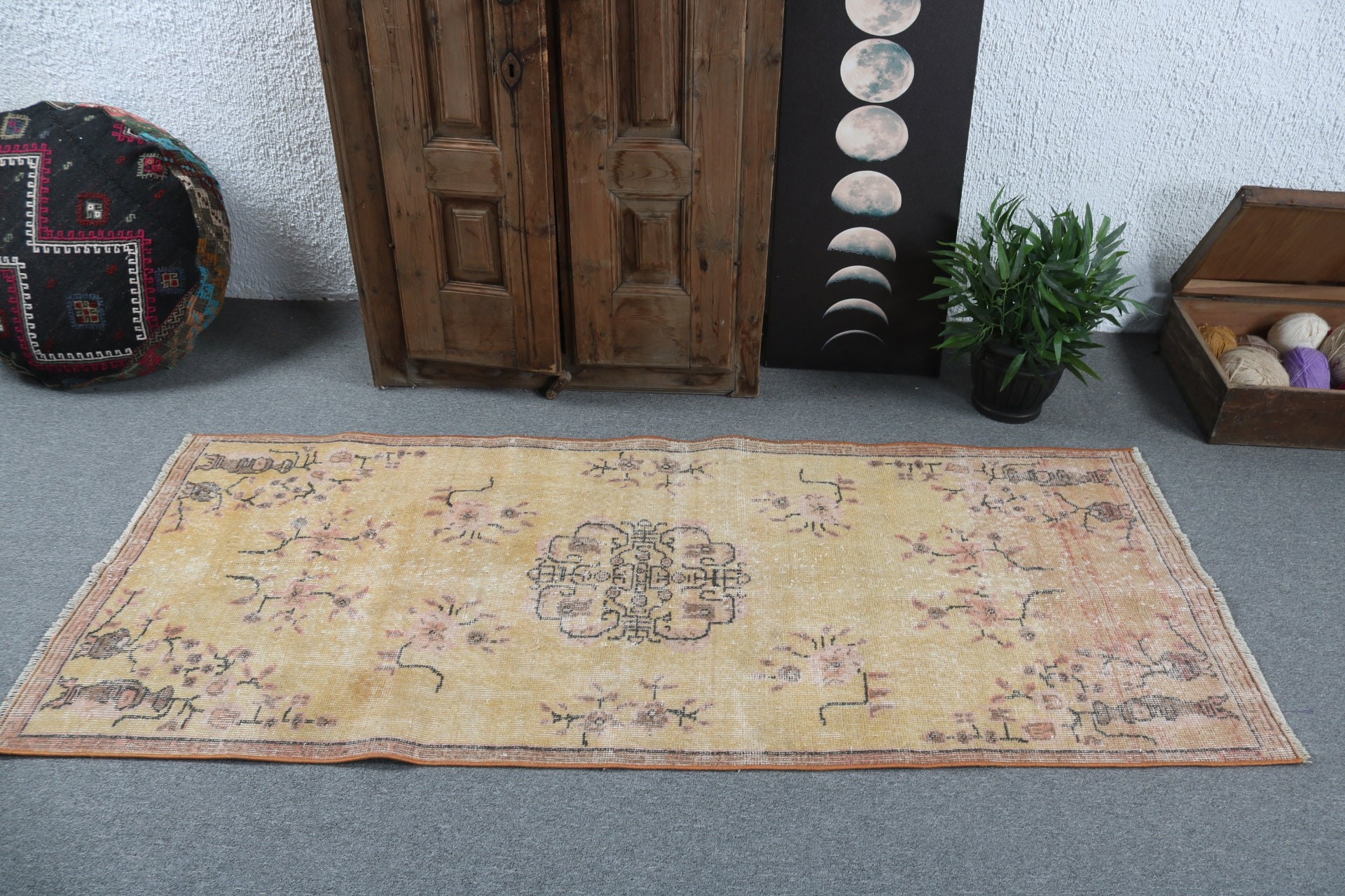 Boho Accent Rug, 2.8x6.7 ft Accent Rugs, Wool Rugs, Turkish Rugs, Anatolian Rug, Vintage Rugs, Yellow Statement Rug, Kitchen Rugs