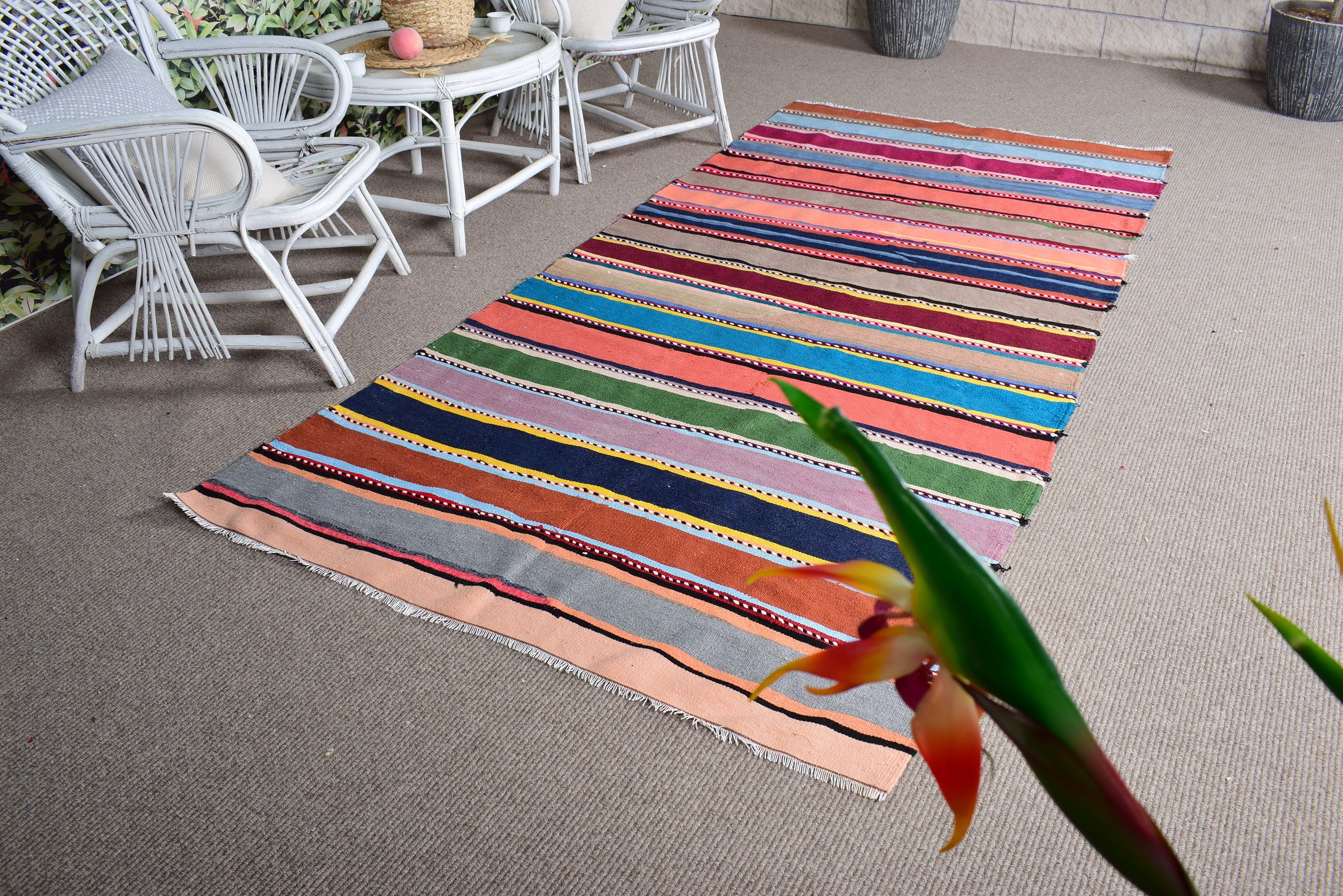 Kilim, Çocuk Odası Halıları, Türk Halısı, 4,3x8,9 ft Alan Halıları, Gökkuşağı Oushak Halısı, Mutfak Halısı, Çocuk Halısı, Vintage Halılar