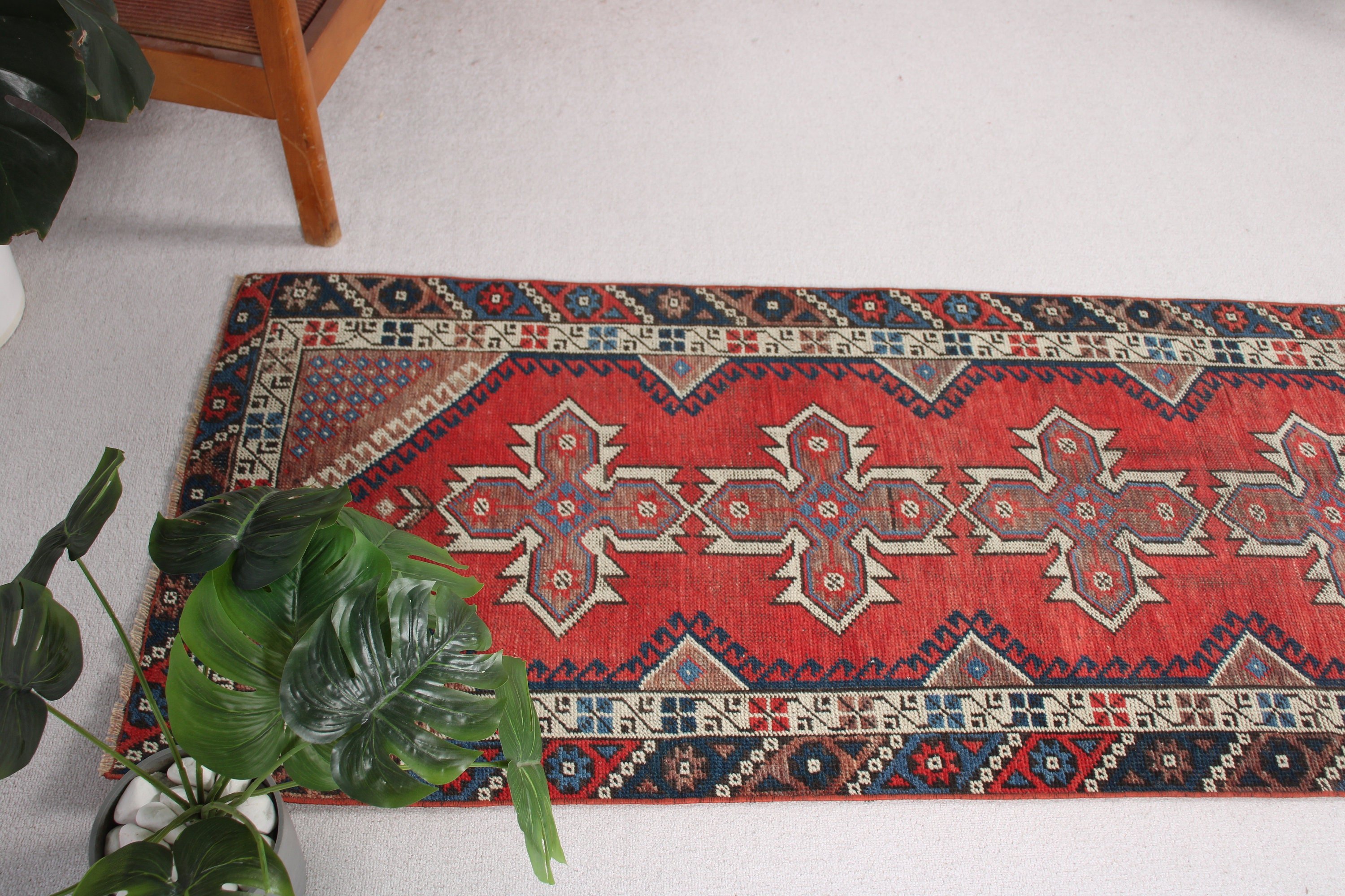 Wool Rug, Beni Ourain Runner Rug, Red Statement Rug, Floor Rugs, 2.4x8.4 ft Runner Rugs, Corridor Rugs, Turkish Rug, Vintage Rug, Aztec Rug