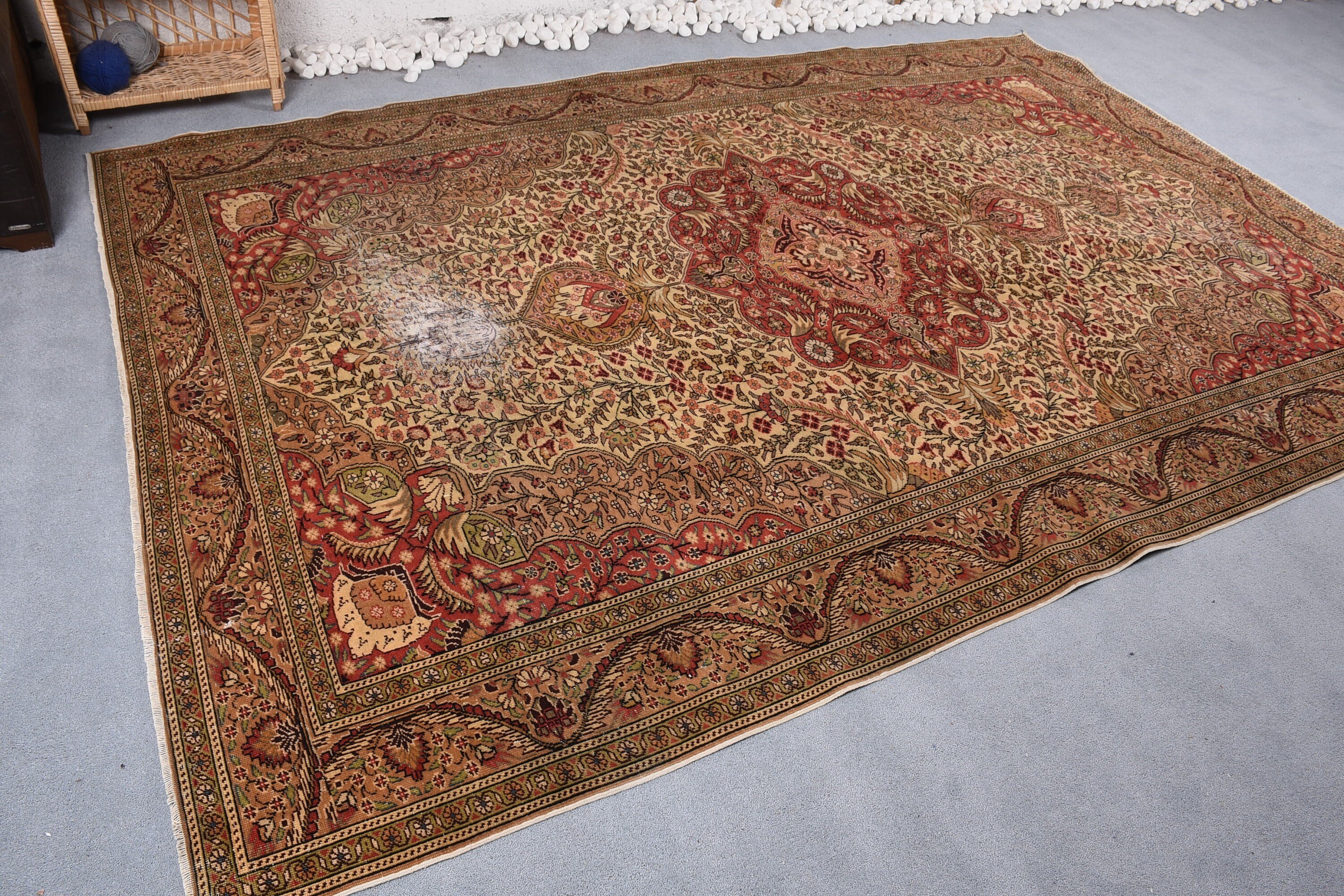 Mutfak Halısı, Oturma Odası Halıları, Bej Antika Halılar, Vintage Halı, Oushak Halı, Soluk Halı, 6.6x9.6 ft Büyük Halılar, Salon Halıları, Türk Halısı