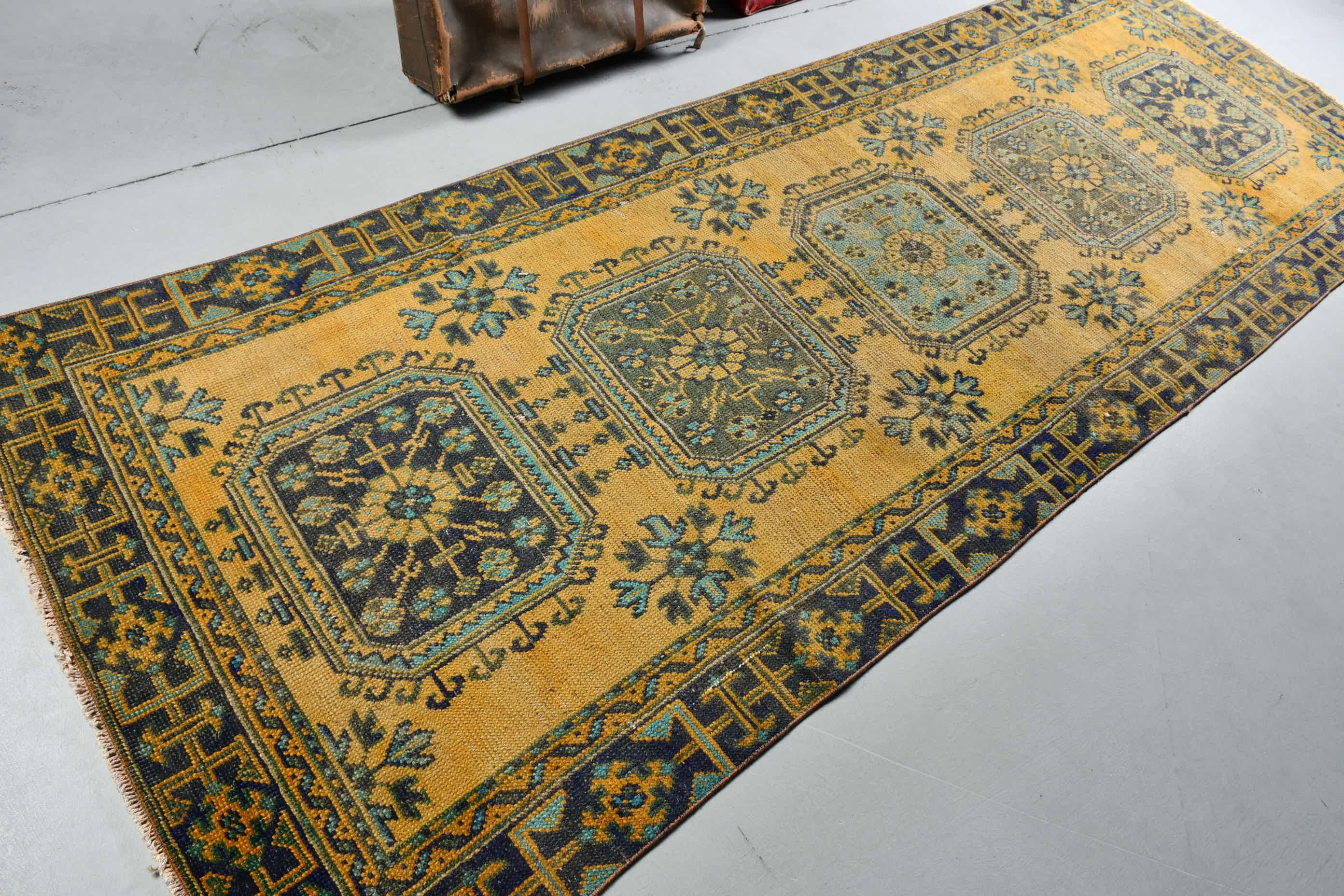 Turkish Rug, Vintage Rug, Kitchen Rug, Rugs for Corridor, 3.8x11.2 ft Runner Rugs, Yellow Oriental Rug, Old Rug, Oriental Rug