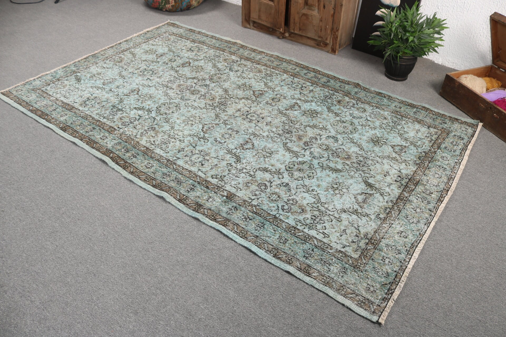 Büyük Vintage Halı, Yatak Odası Halısı, Vintage Halılar, Türk Halıları, Büyük Oushak Halısı, Oryantal Halılar, 5x8,3 ft Büyük Halı, Yeşil Antika Halı