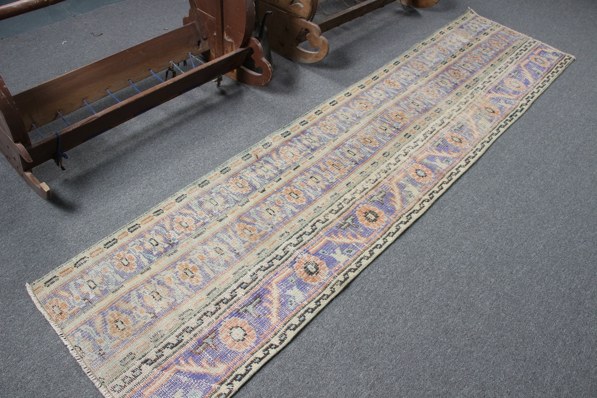 Vintage Halı, Havalı Halı, Soyut Halı, Merdiven Halıları, Ev Dekorasyonu Halısı, Mavi Ev Dekoru Halısı, 2.1x8.7 ft Yolluk Halısı, Türk Halısı, Mutfak Halısı