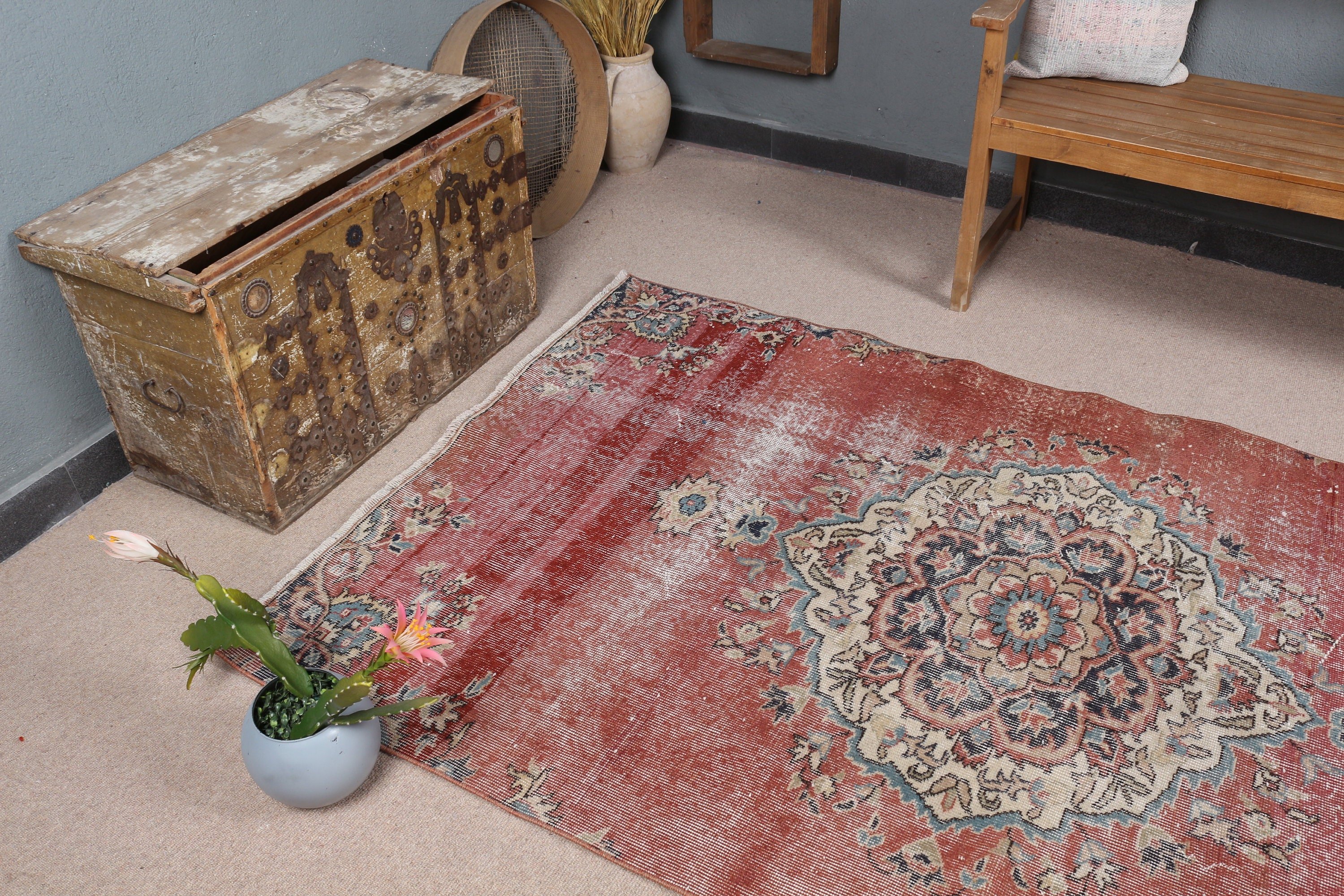Pale Rug, 4.3x7.4 ft Area Rug, Turkish Rug, Red Oriental Rug, Floor Rug, Vintage Rugs, Anatolian Rugs, Rugs for Living Room, Home Decor Rug