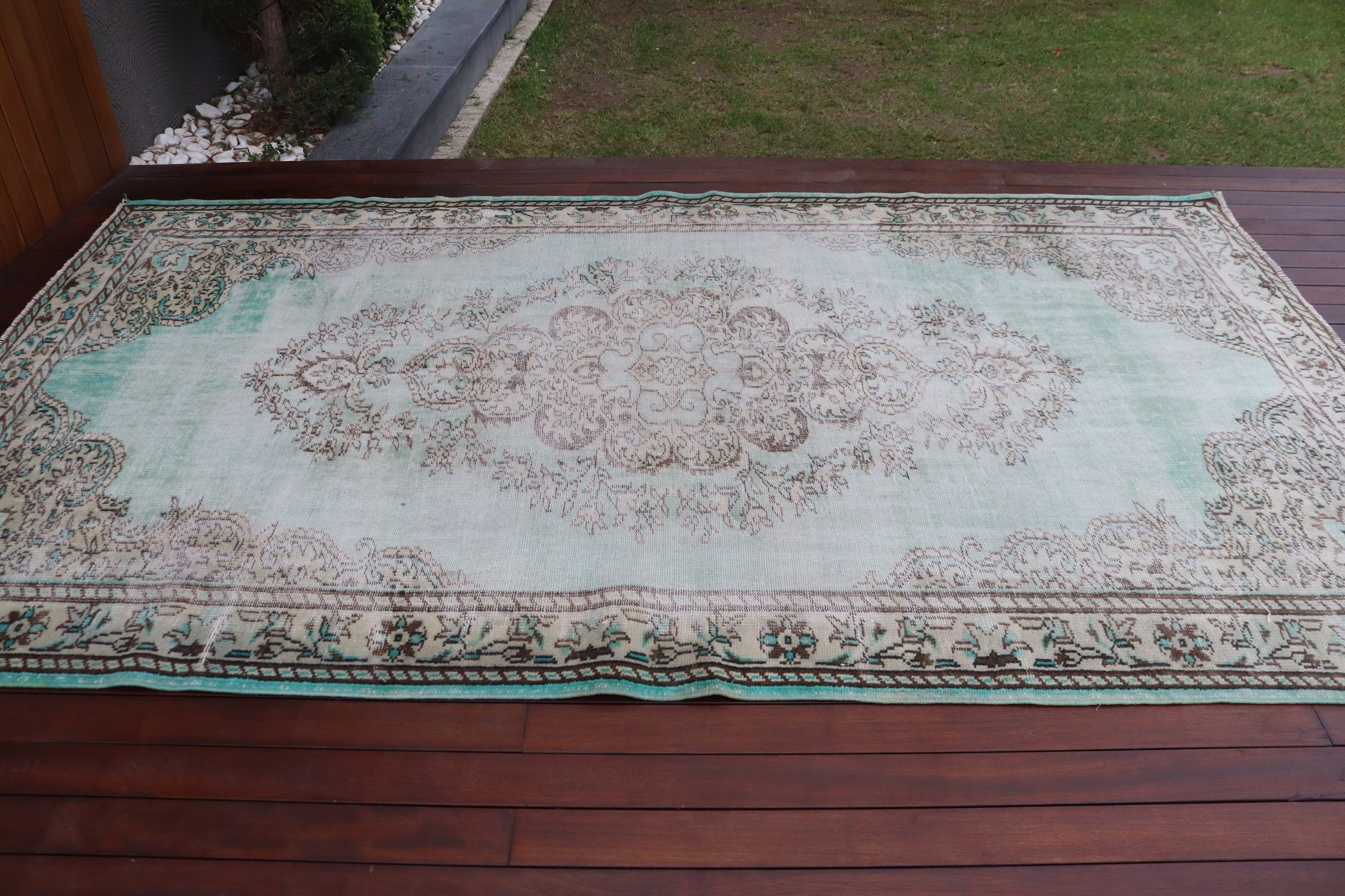 Vintage Halılar, Büyük Boho Halılar, Türk Halısı, Büyük Oushak Halısı, Yeşil Geometrik Halılar, Düz Dokuma Halı, 5,9x10,1 ft Büyük Halı