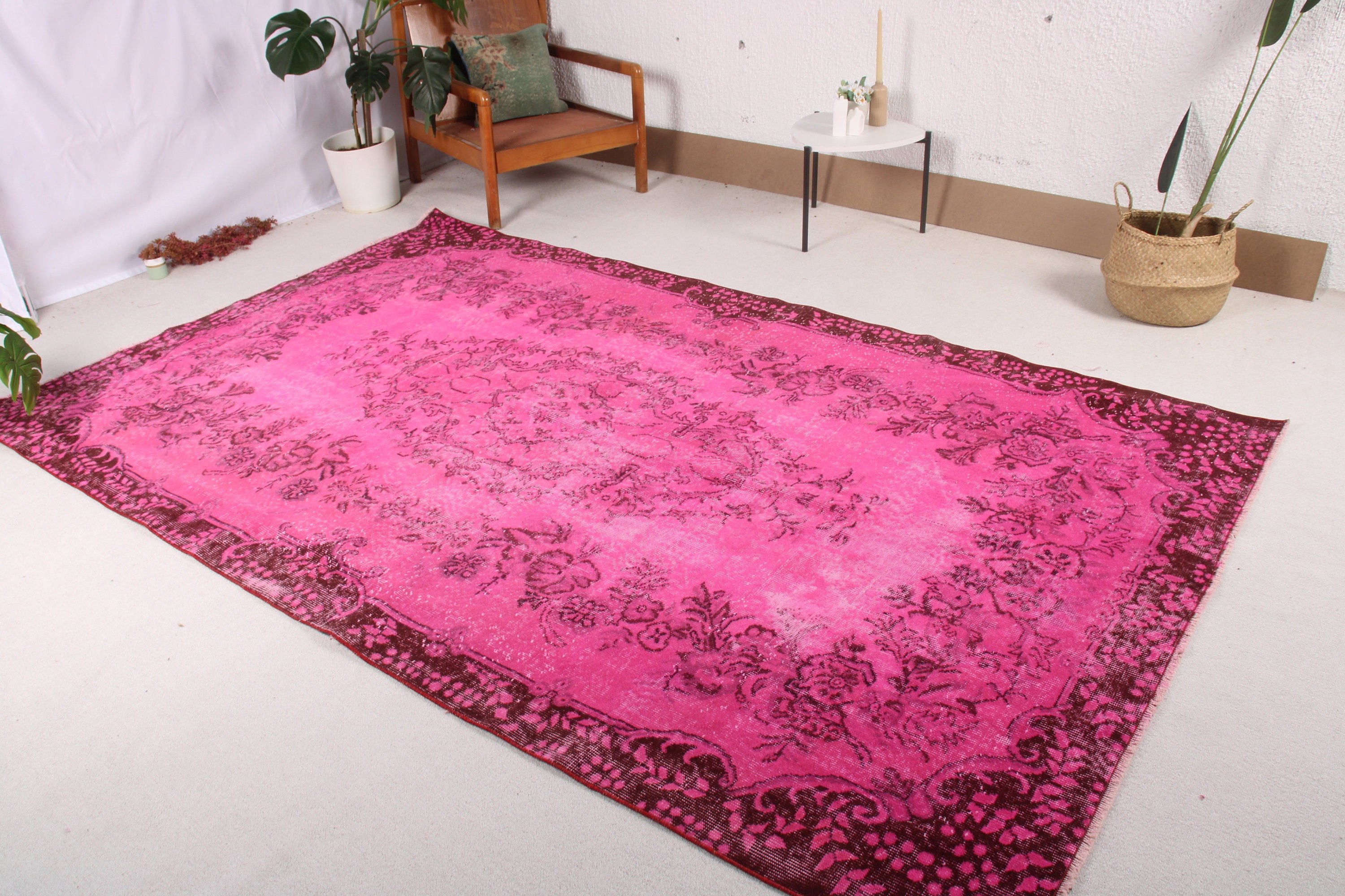 Oturma Odası Halısı, Pembe El Dokuma Halı, 5.8x9.5 ft Büyük Halı, Vintage Halı, Oushak Halı, Yemek Odası Halıları, Ev Dekor Halıları, Türk Halısı