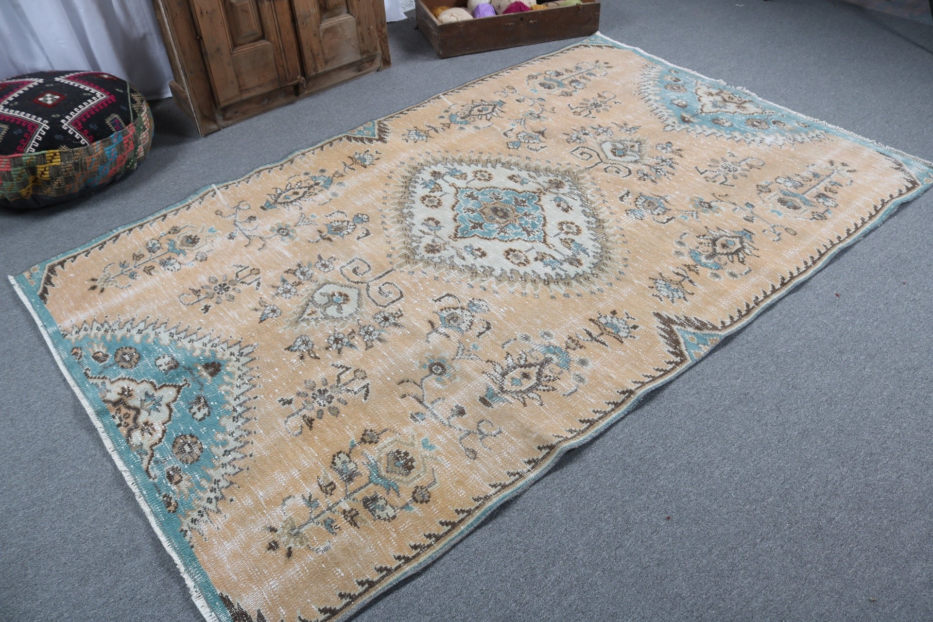 Salon Halıları, Vintage Halı, 5.1x8.2 ft Büyük Halı, El Dokuma Halı, Turuncu Antika Halılar, Yün Halılar, Büyük Boho Halı, Türk Halısı